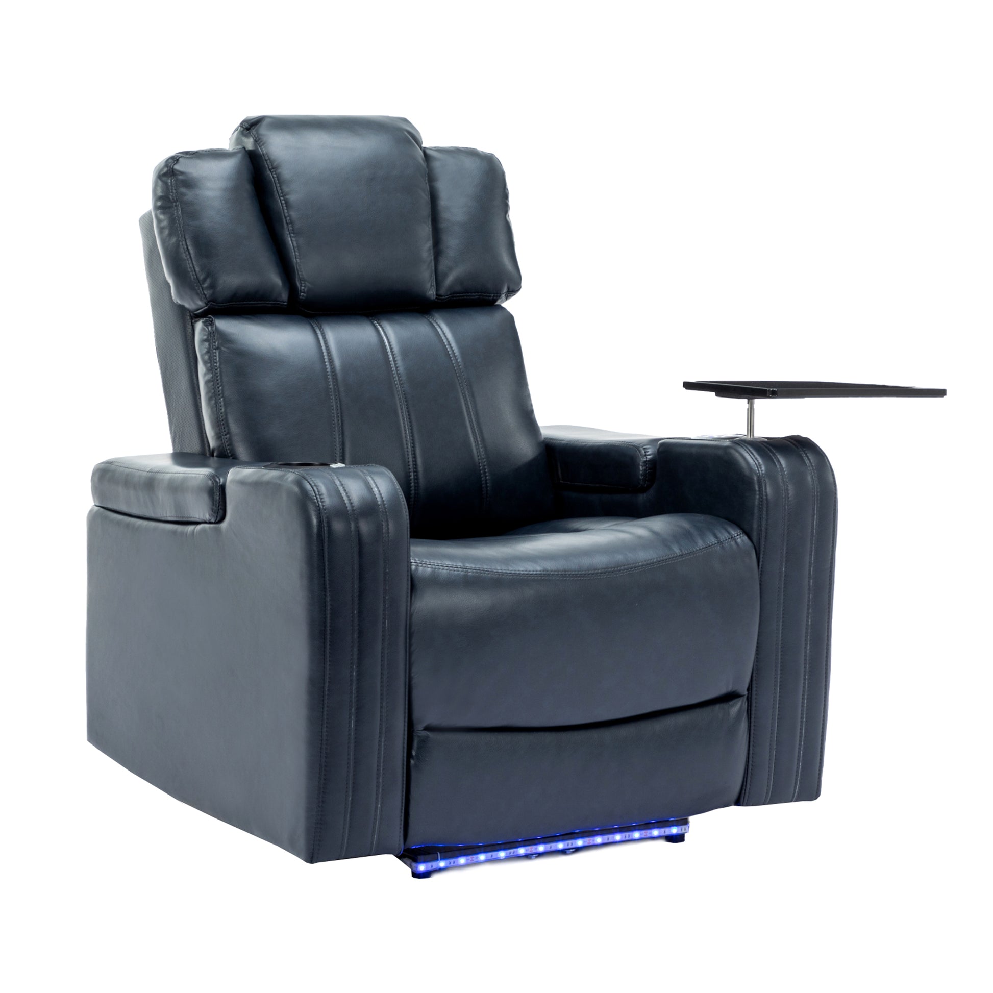 Pu Leather Power Recliner Individual Seat Home Theater Recliner With Cooling Cup Holder, Bluetooth Speaker, Led Lights, Usb Ports, Tray Table, Arm Storage For Living Room, Blue Blue Foam Pu