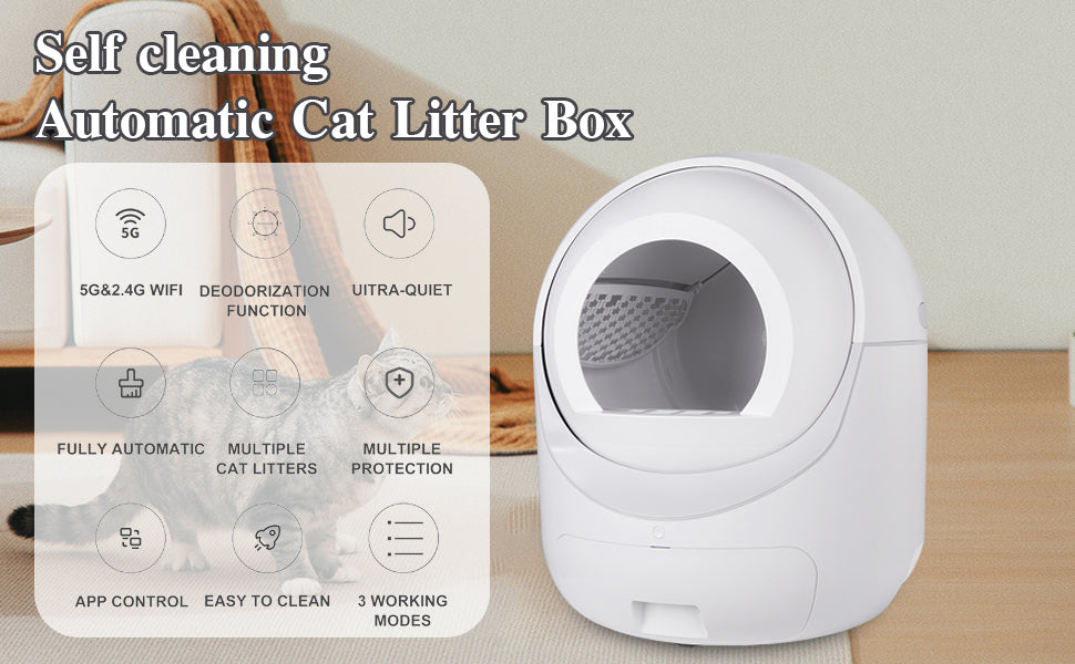 Smart Automatic Cat Litter Box,Automatic Scooping And Odor Removal, App Control, Support 5G&2.4G Wifi For Multiple Cats, Double Odor Removal White Abs