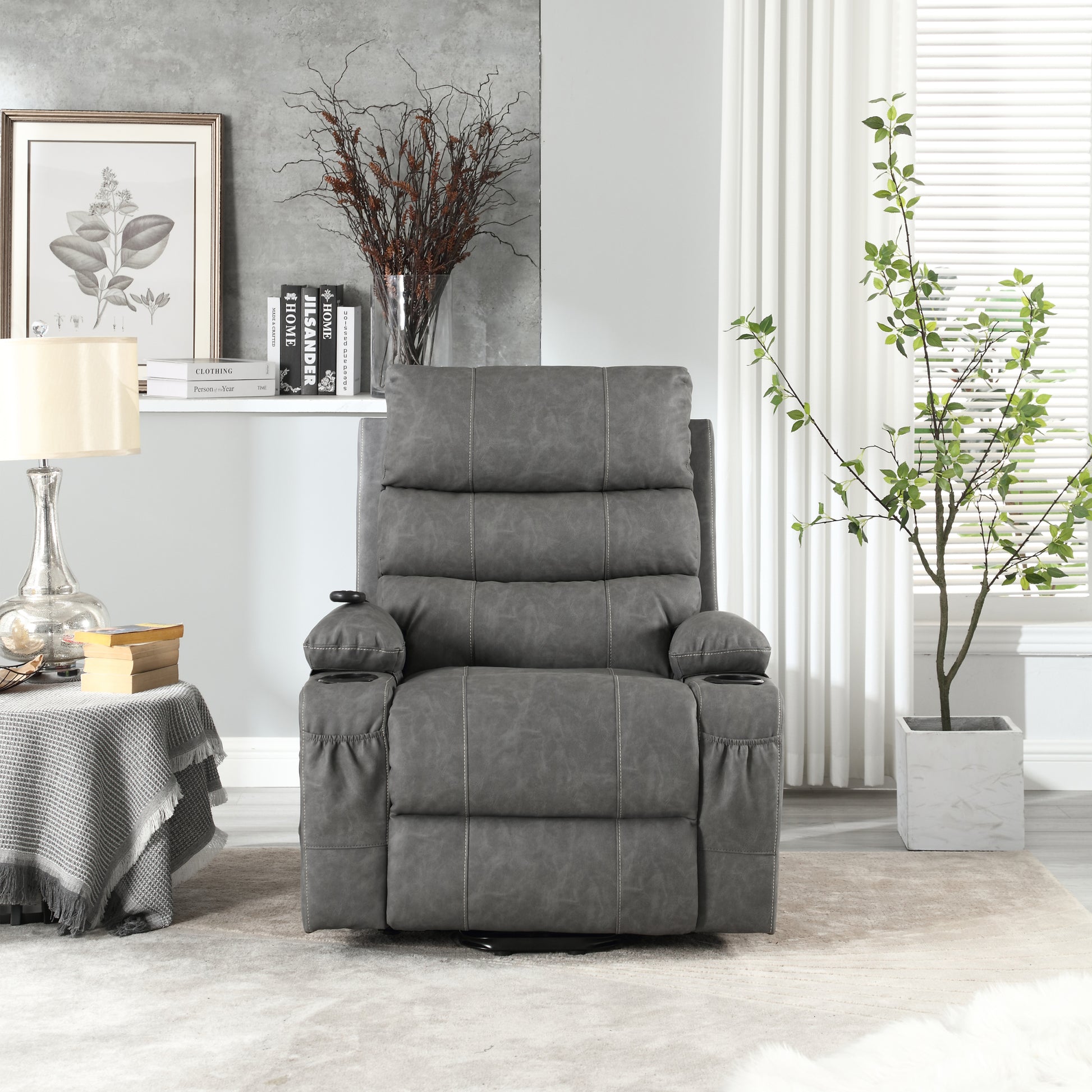 21"Seat Width,Large Size Electric Power Lift Recliner Chair Sofa For Elderly, 8 Point Vibration Massage And Lumber Heat, Remote Control, Side Pockets And Cup Holders, Cozy Fabric, Overstuffed Arm Pu Gray Pu