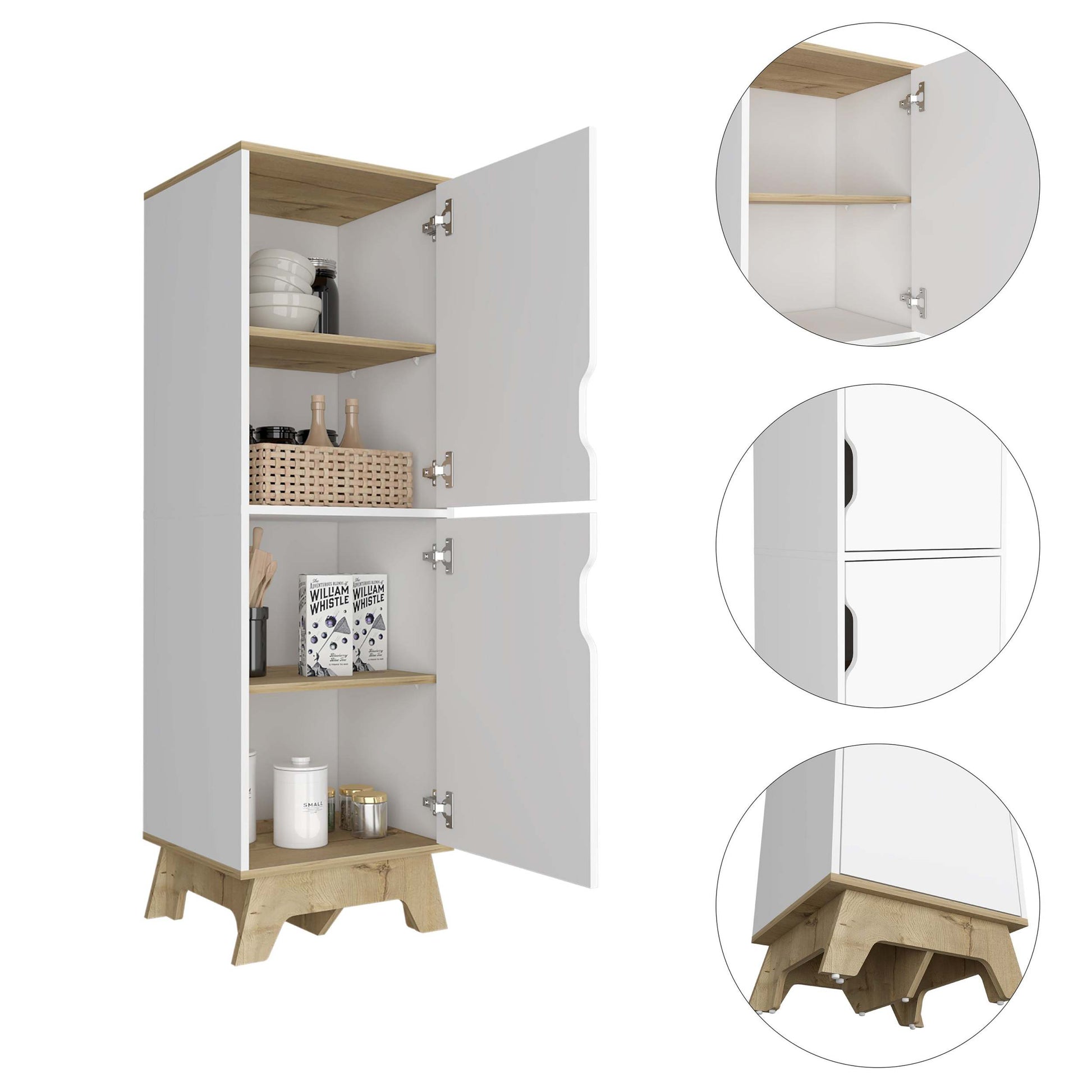 British Single Kitchen Pantry, Four Storage Shelves, Double Doors Cabinets Multicolor Mdf Engineered Wood