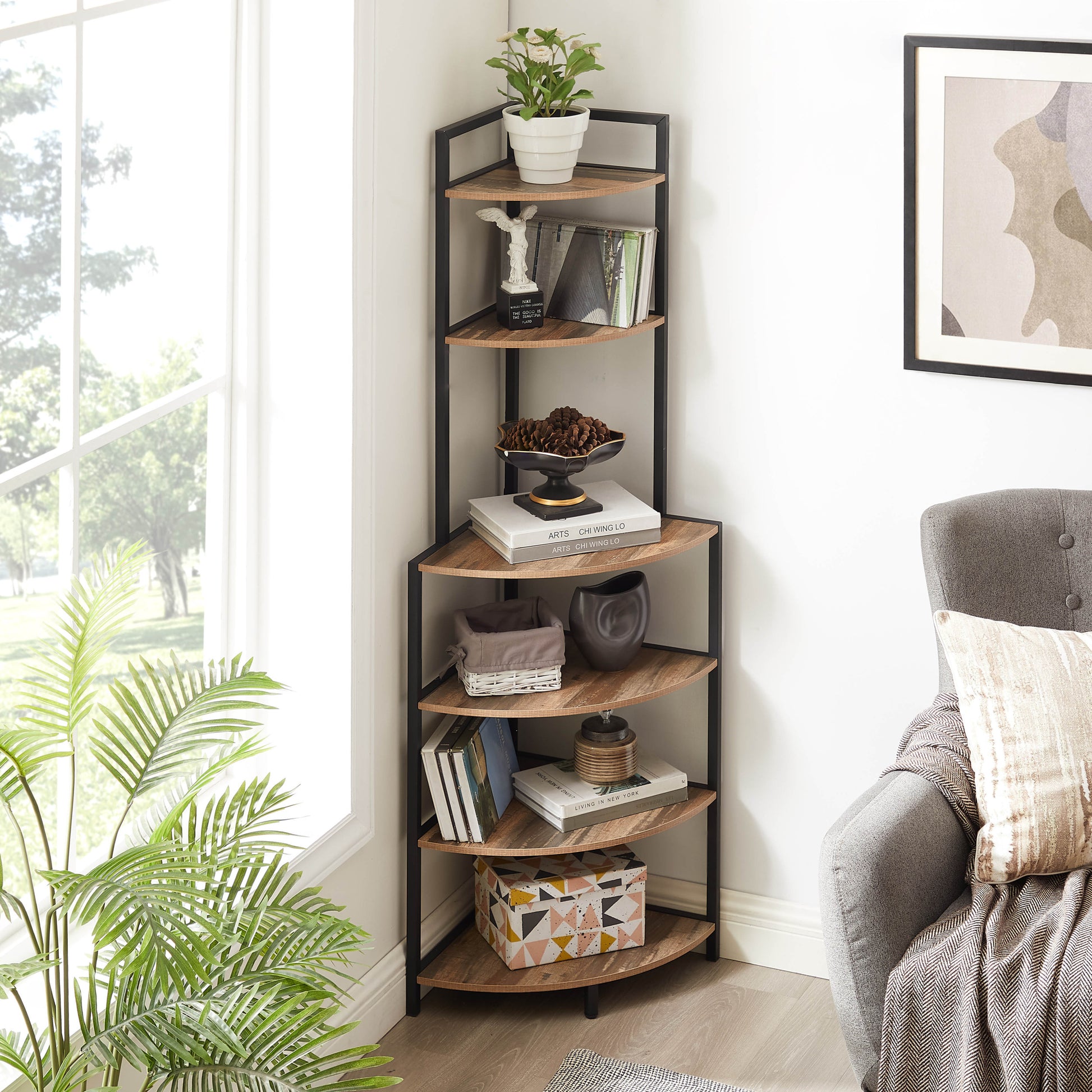 6 Tier Corner Open Shelf Modern Bookcase Wood Rack Freestanding Shelving Unit,Plant Album Trinket Sturdy Stand Small Bookshelf Space Saving For Living Room Home Office Kitchen Small Space Rustic Brown Brown Corner Office American Design,Rustic Metal &