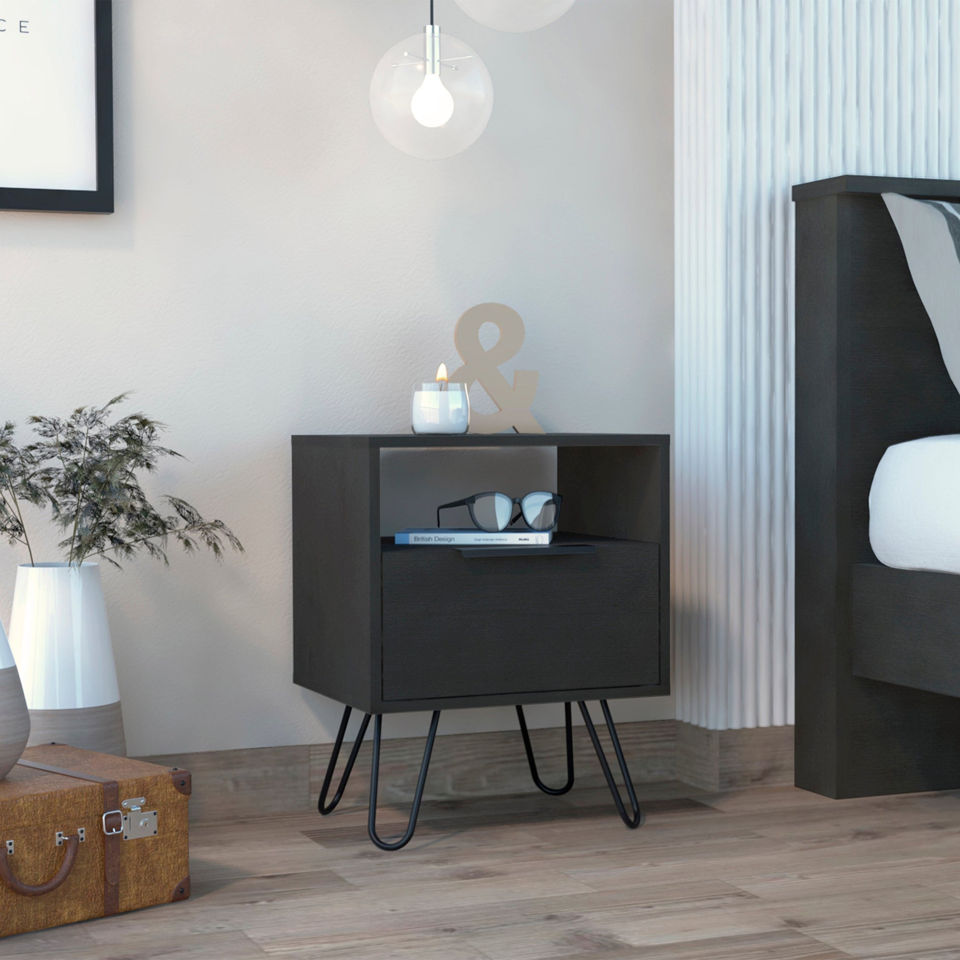 Vienna Nightstand, Shelves, Hairpin Legs Black Mdf Engineered Wood