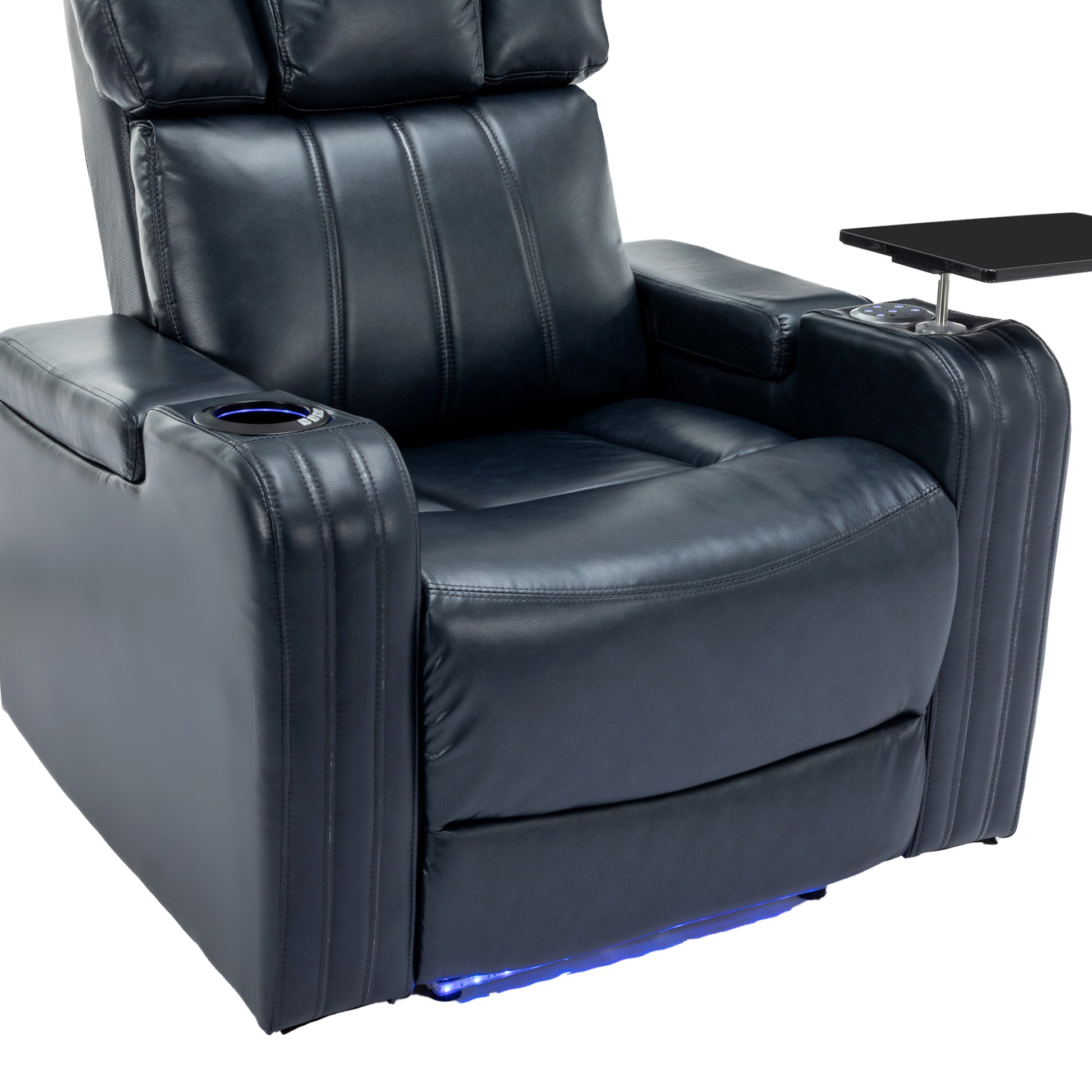 Pu Leather Power Recliner Individual Seat Home Theater Recliner With Cooling Cup Holder, Bluetooth Speaker, Led Lights, Usb Ports, Tray Table, Arm Storage For Living Room, Blue Blue Foam Pu