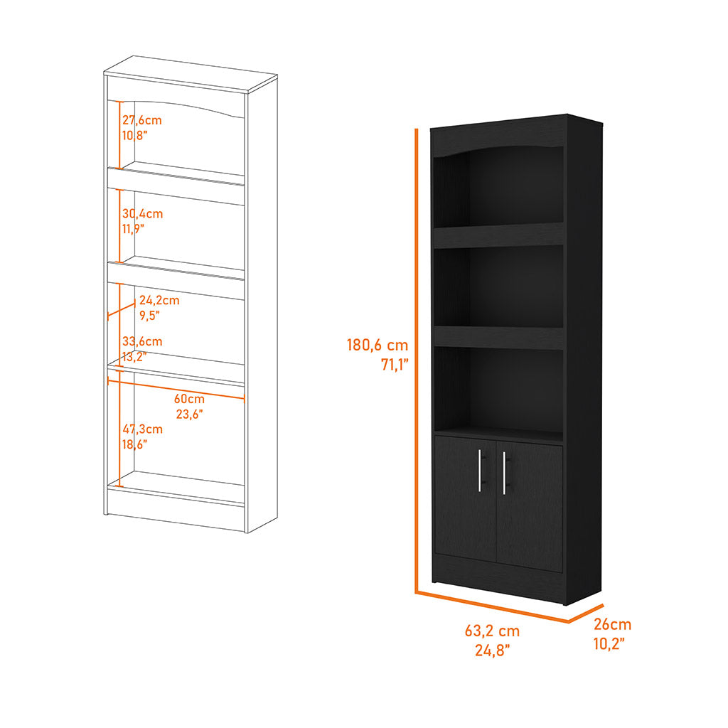 Durango Bookcase, Three Shelves, Double Door Cabinet 3 4 Shelves Black Primary Living Space Modern Mdf Engineered Wood