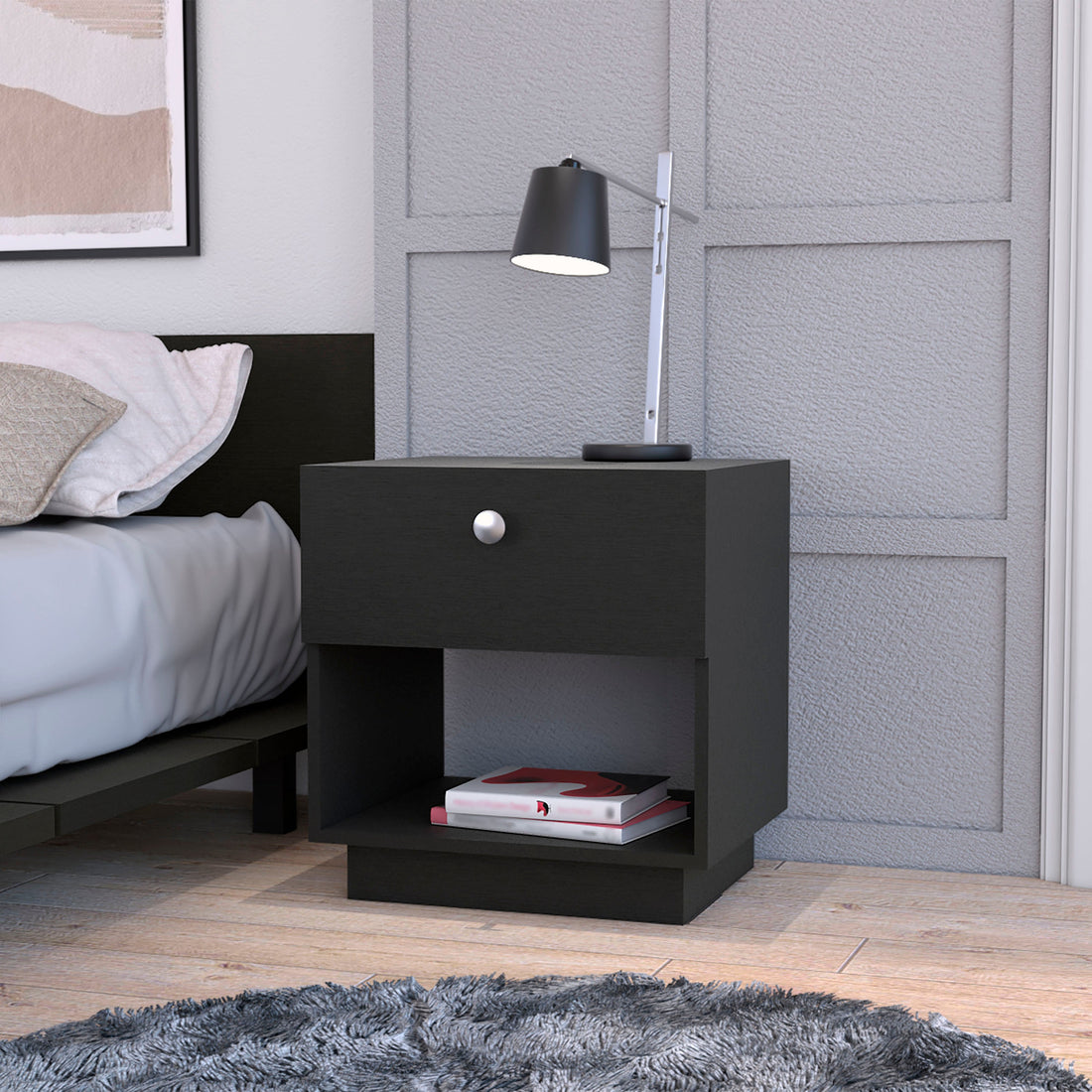 Sumter 1 Drawer Nightstand, Storage Shelf Black Mdf Engineered Wood