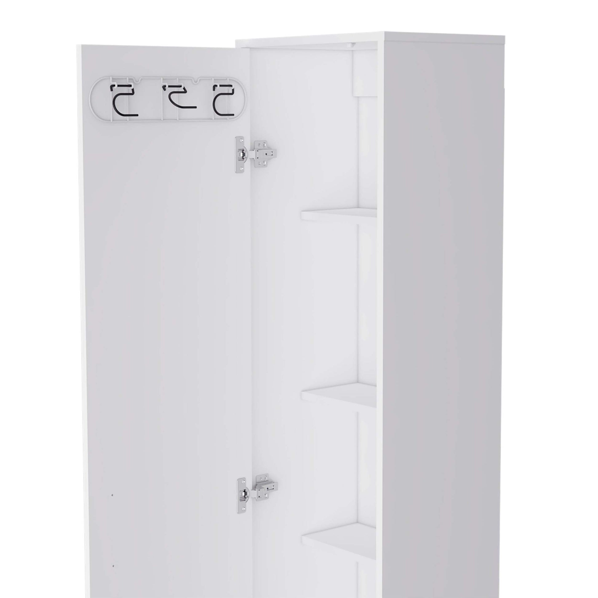 Lawen Tall Storage Cabinet, Single Door, 3 Broom Hangers White Mdf Engineered Wood