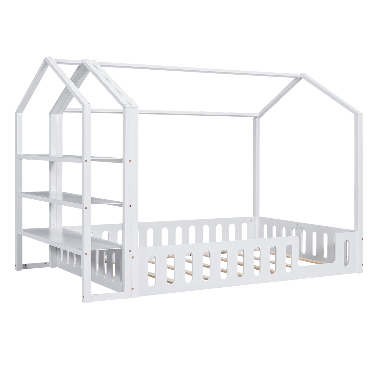 Full Size Wood House Bed With Fence And Detachable Storage Shelves, White Box Spring Not Required Full White Wood Bedroom Bed Frame Solid Wood Mdf