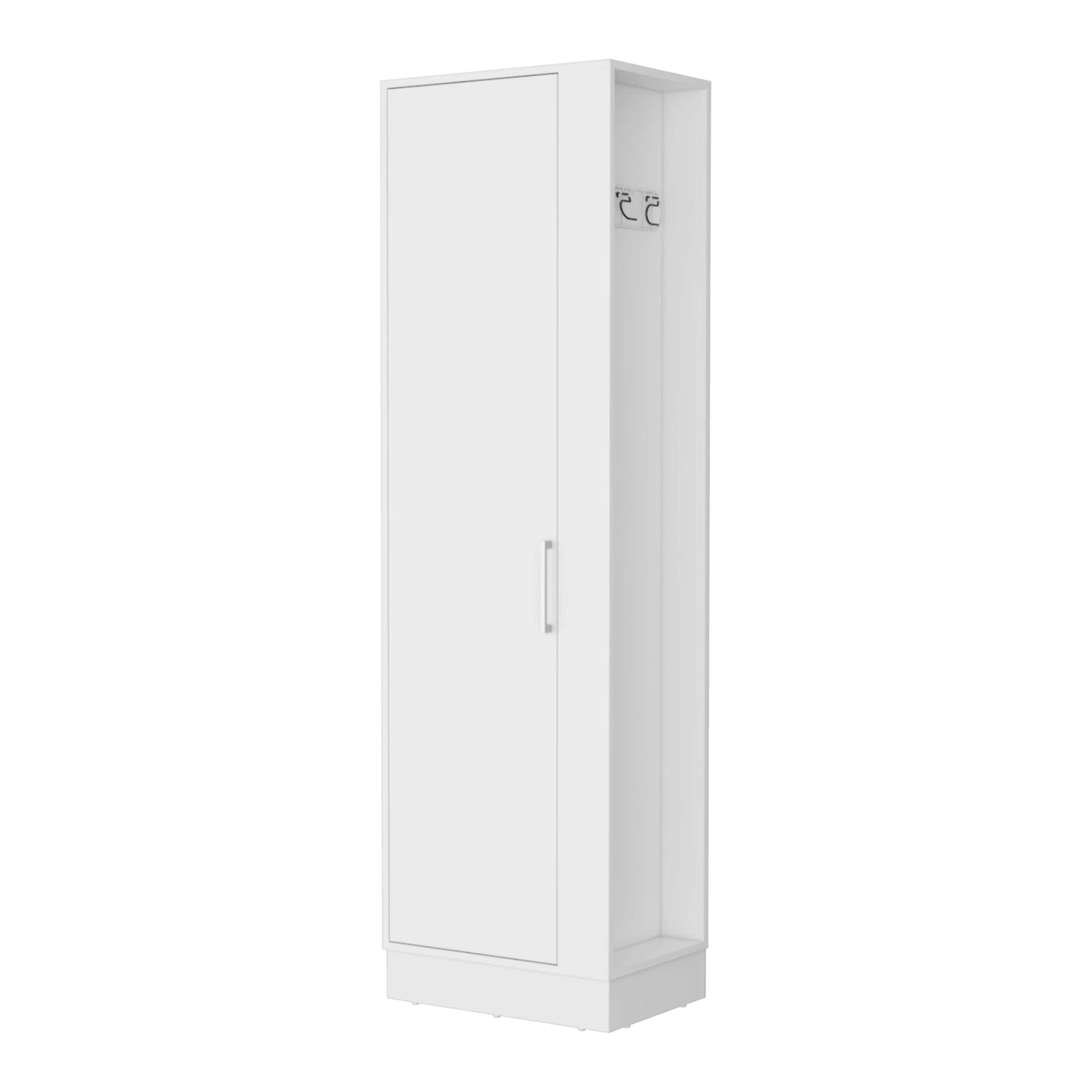 Clarno Tall Storage Cabinet, Single Door With Broom Hangers White Mdf Engineered Wood