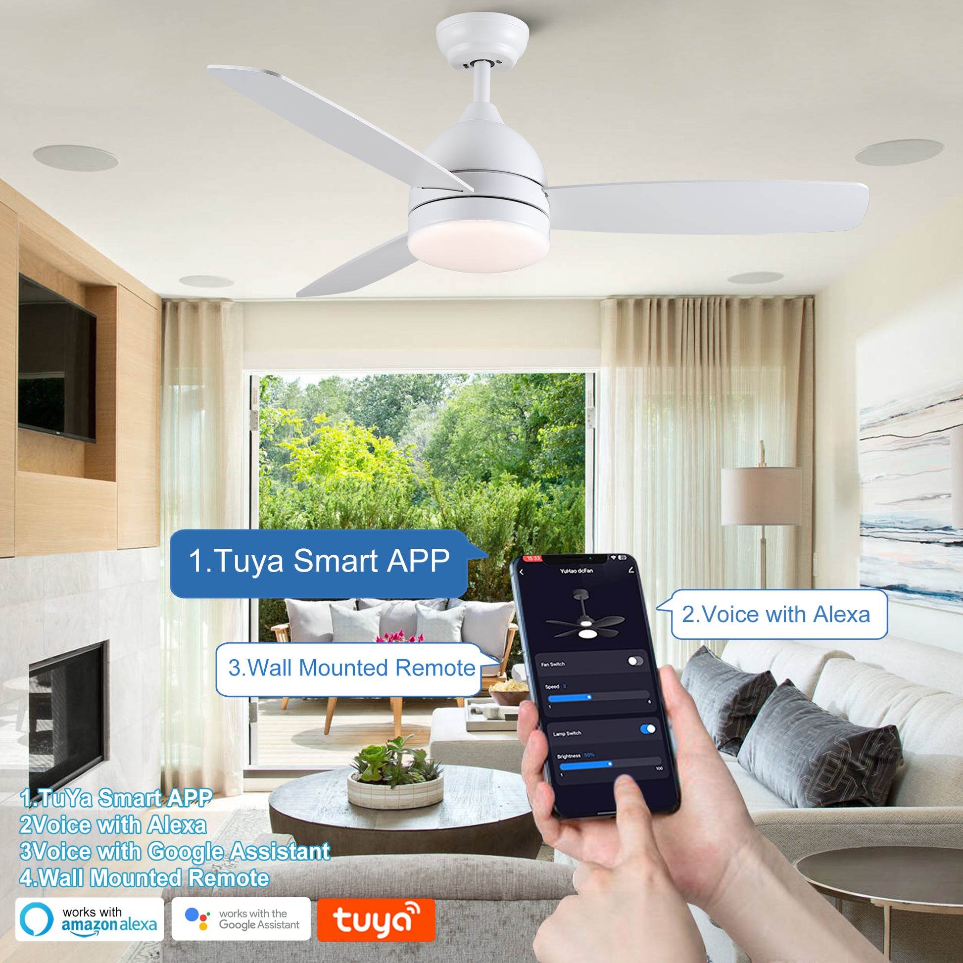 Smart 48 In. Integrated Led Balck Ceiling Fan With Remote Contorl And Plywood Blades White Plywood