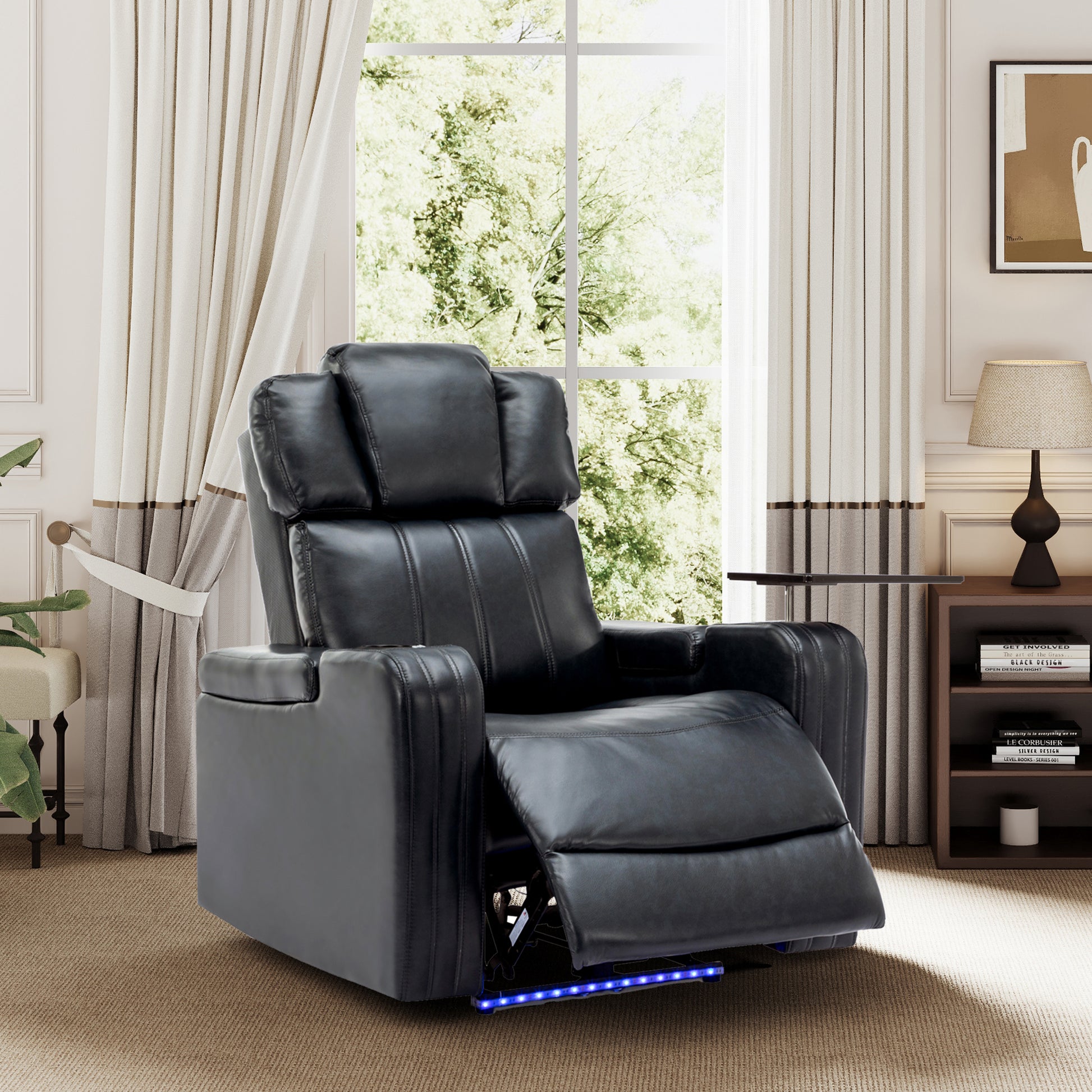 Pu Leather Power Recliner Individual Seat Home Theater Recliner With Cooling Cup Holder, Bluetooth Speaker, Led Lights, Usb Ports, Tray Table, Arm Storage For Living Room, Black Black Foam Pu