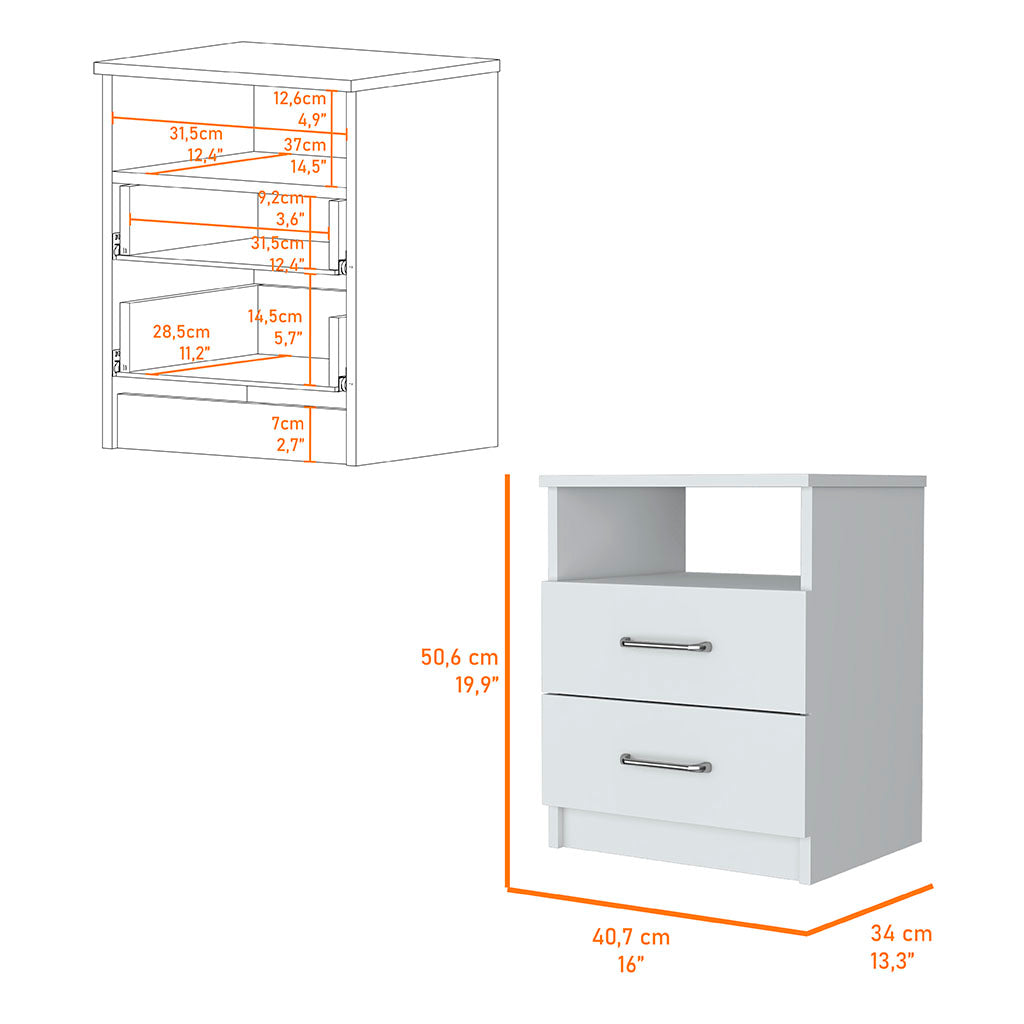 Oklahoma Nightstand,Two Drawers, One Shelf White 2 Drawers Bedroom Rectangle Modern Drawers Mdf Engineered Wood