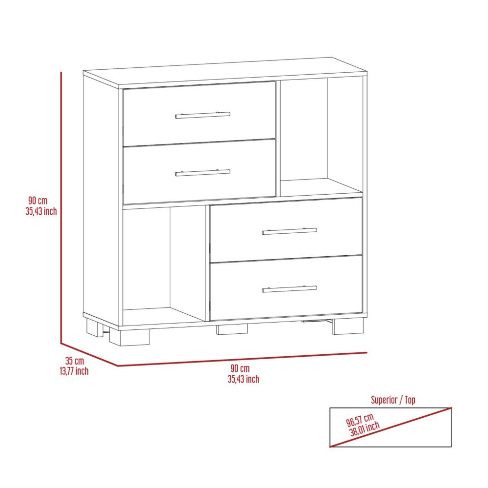 Sunflower Dresser, Four Drawers, Two Open Shelves White Mdf Engineered Wood