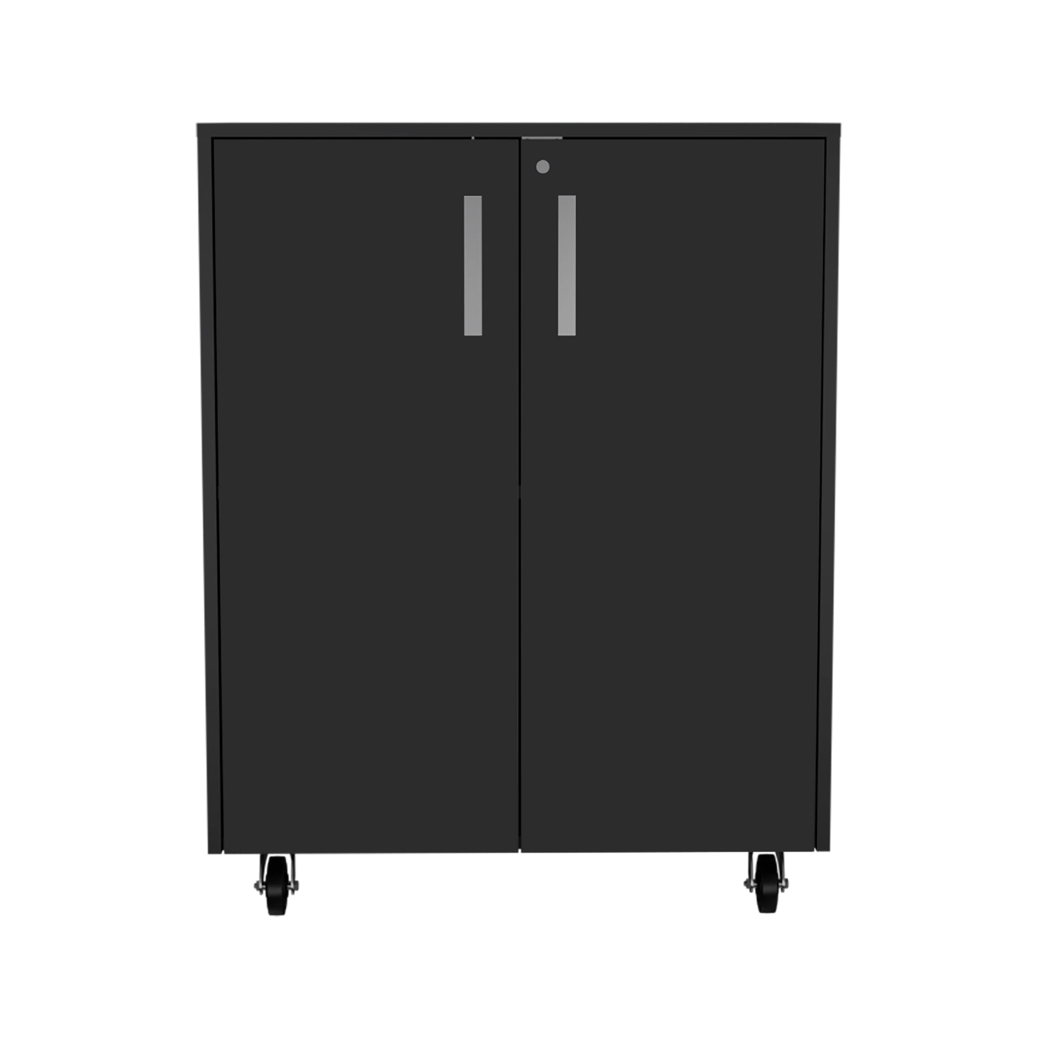 Lewis Storage Cabinet Base, Four Caster, Double Door Cabinet, Two Interior Shelves Black Mdf Engineered Wood