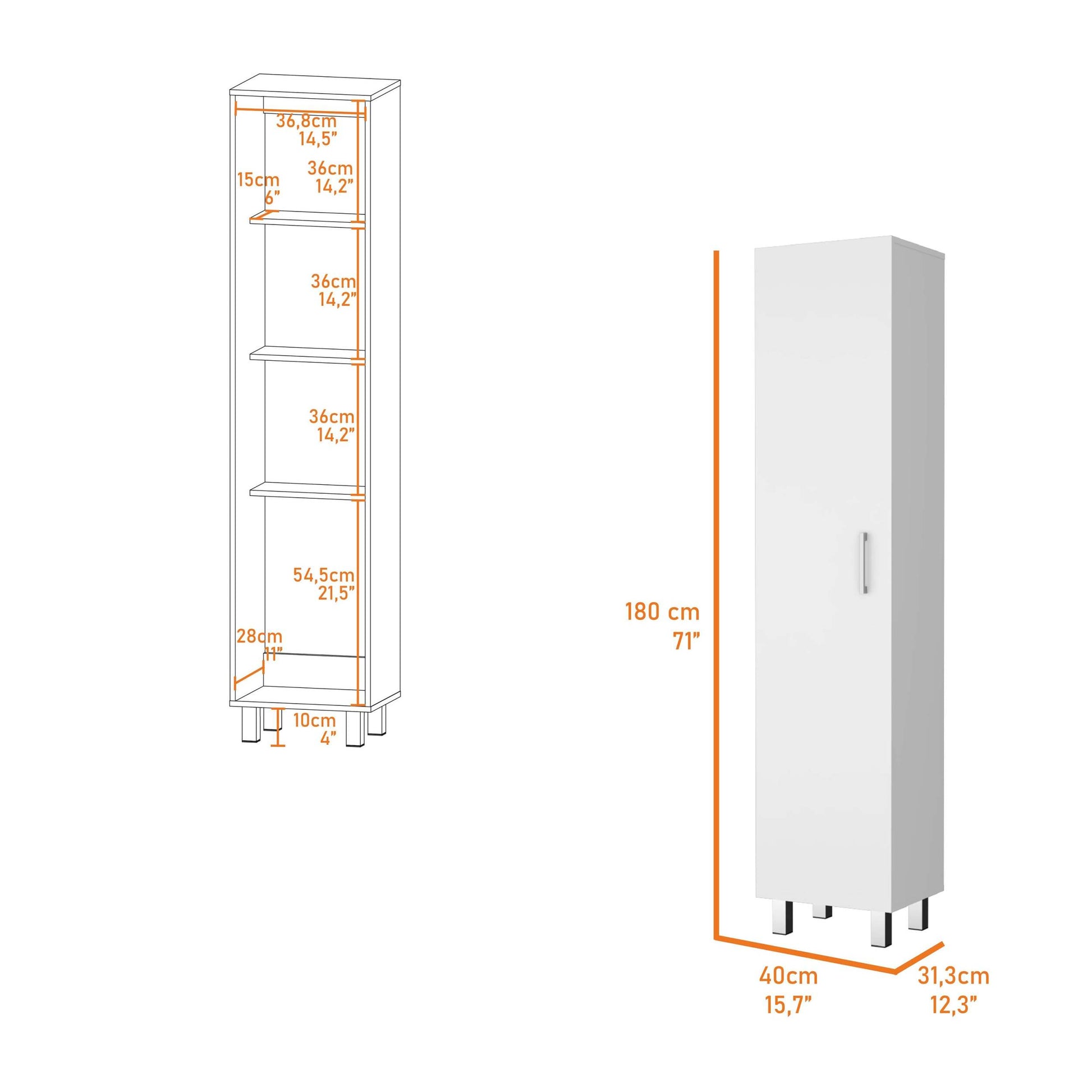 Clarno Tall Storage Cabinet, Single Door With Broom Hangers White Mdf Engineered Wood