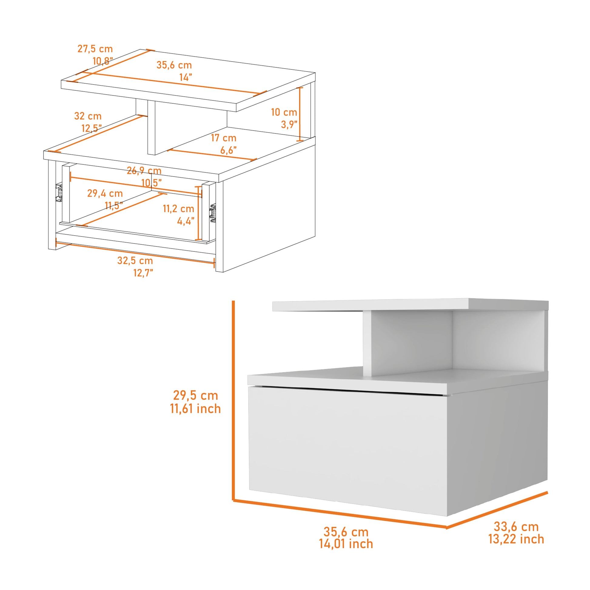 Augusta Floating Nightstand With 2 Tier Shelf And 1 Drawer White 1 Drawer Bedroom Rectangle Modern Mdf Engineered Wood