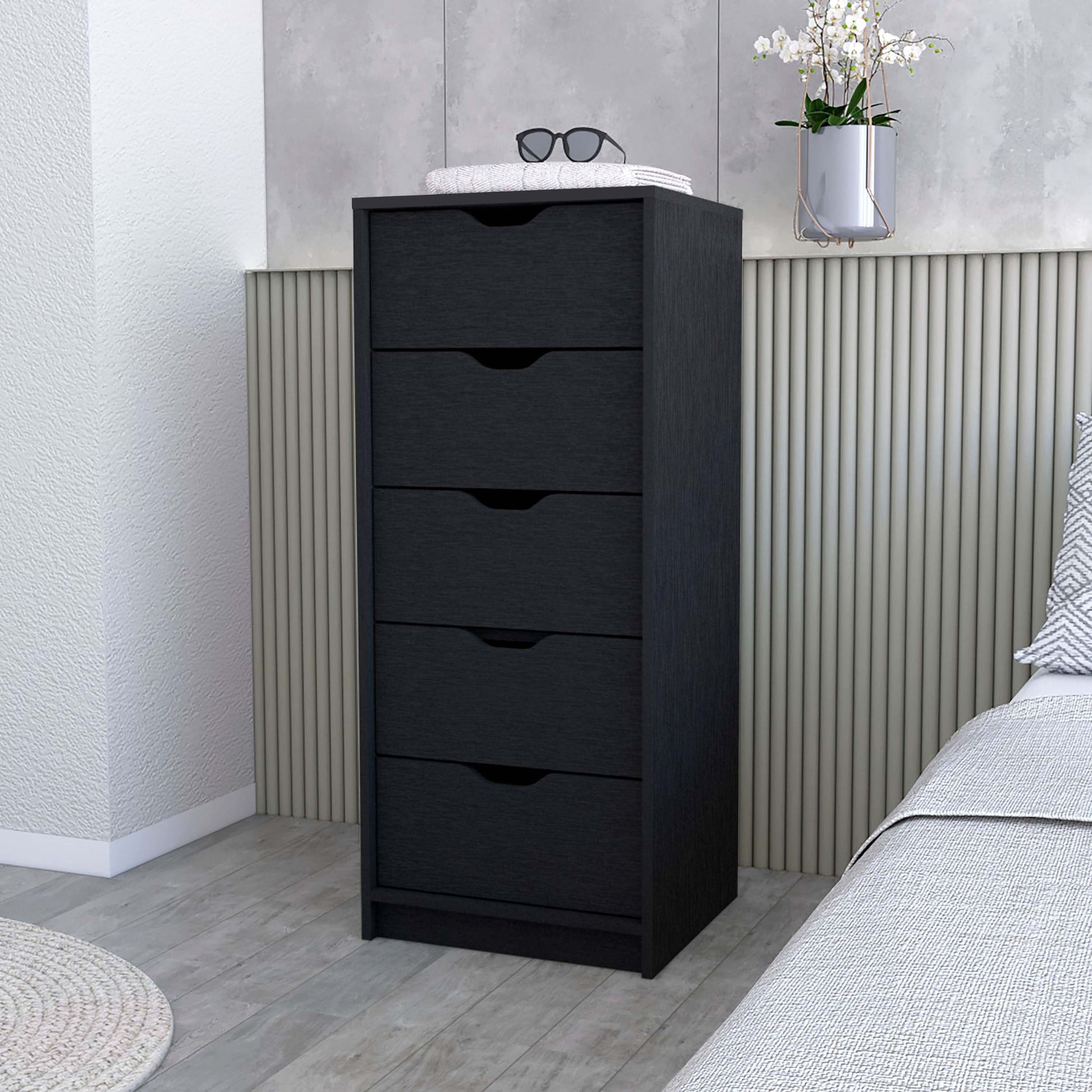 Dillon 5 Narrow Drawer Dresser, Tall Chest Of Drawers Black Mdf Engineered Wood