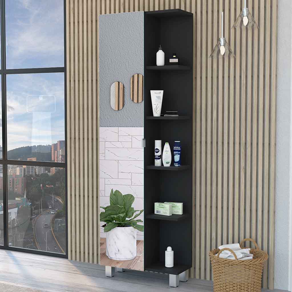 Los Angeles Linen Cabinet, Mirror, Five Shelves Black 1 5 Bathroom Mdf Engineered Wood