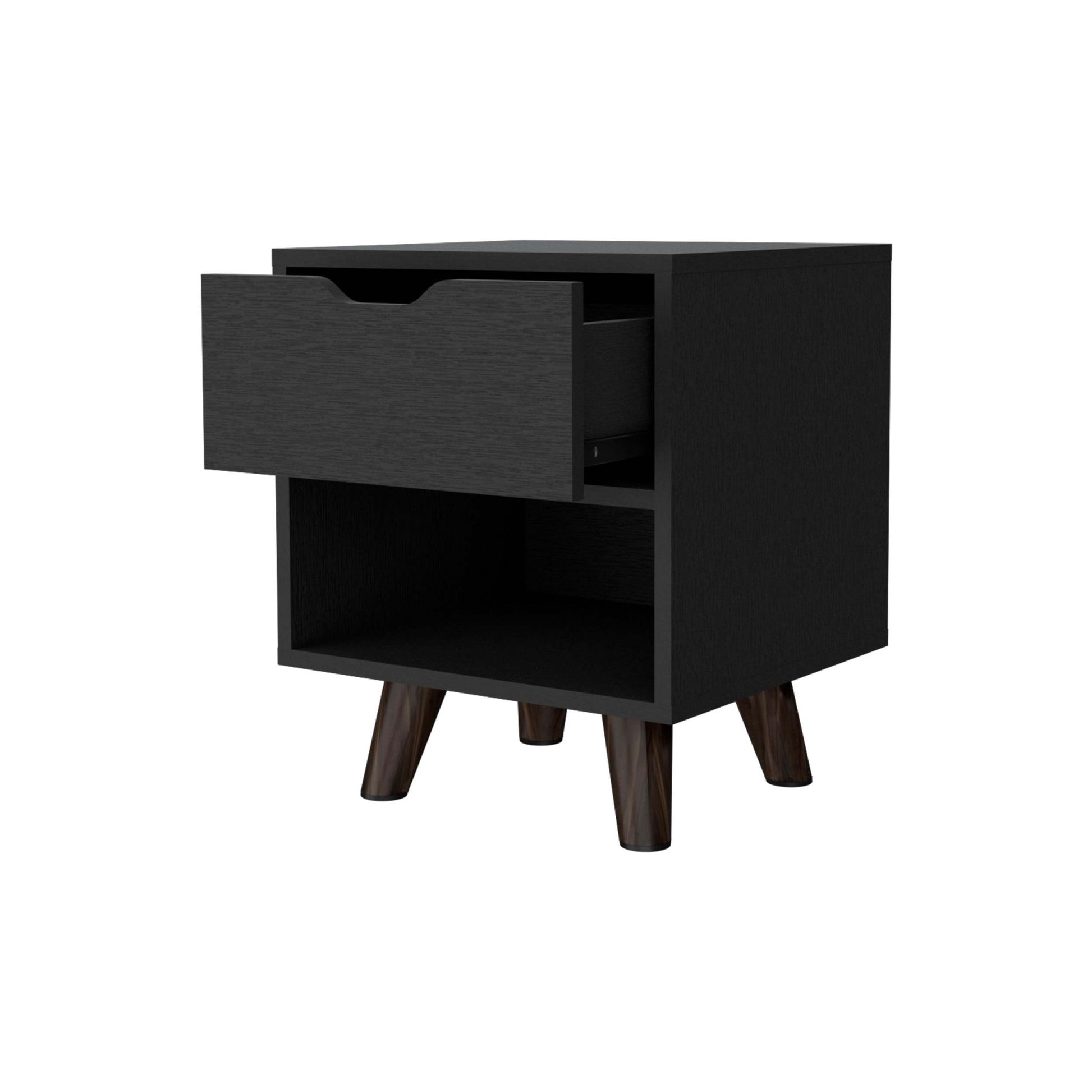 Carthage Nightstand With 1 Drawer, 1 Open Storage Shelf And Wooden Legs Black Mdf Engineered Wood