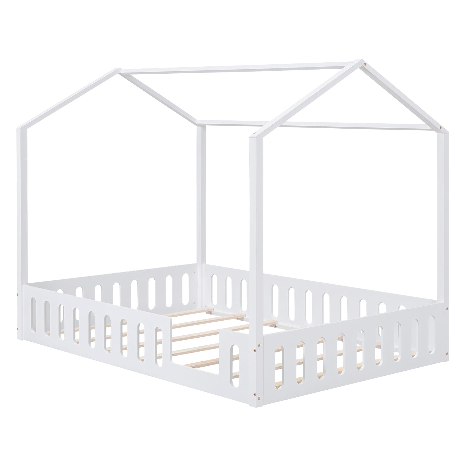 Full Size Wood House Bed With Fence And Detachable Storage Shelves, White Box Spring Not Required Full White Wood Bedroom Bed Frame Solid Wood Mdf