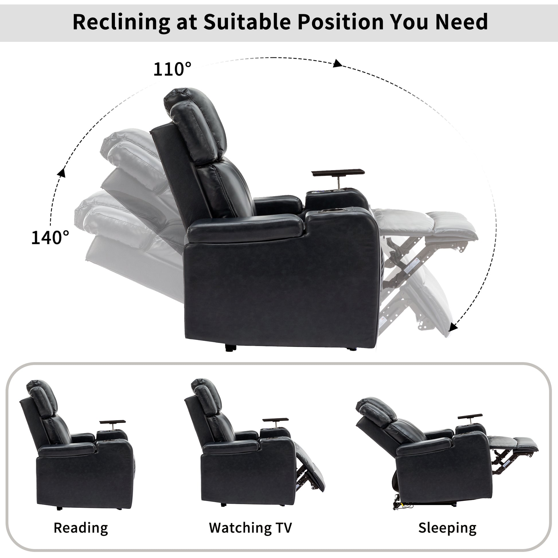 Pu Leather Power Recliner Individual Seat Home Theater Recliner With Cooling Cup Holder, Bluetooth Speaker, Led Lights, Usb Ports, Tray Table, Arm Storage For Living Room, Black Black Foam Pu