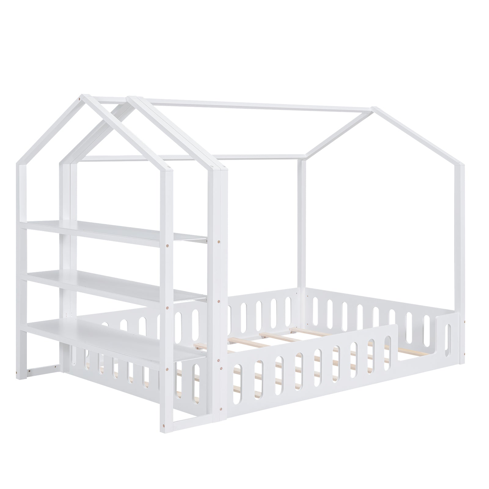 Full Size Wood House Bed With Fence And Detachable Storage Shelves, White Box Spring Not Required Full White Wood Bedroom Bed Frame Solid Wood Mdf