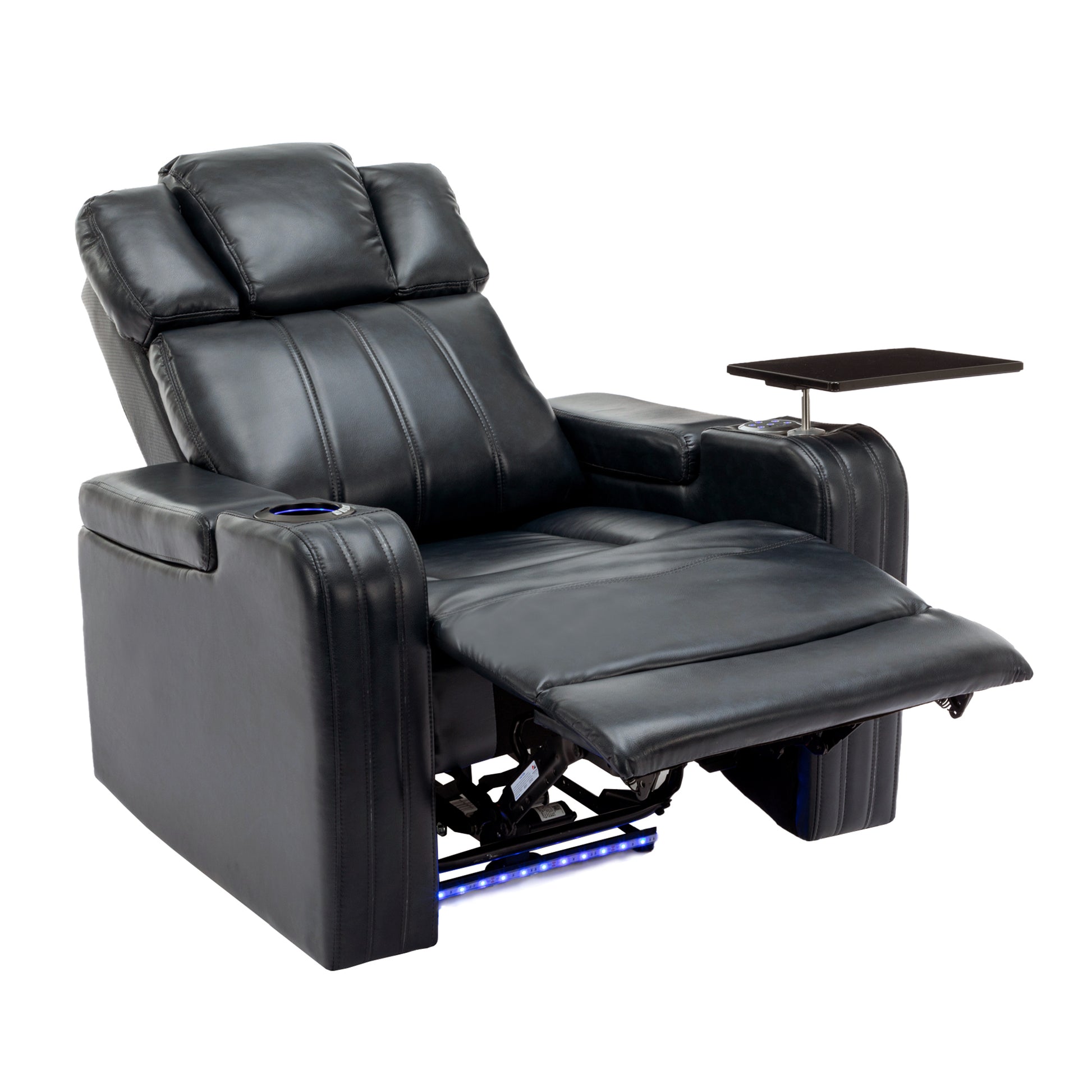 Pu Leather Power Recliner Individual Seat Home Theater Recliner With Cooling Cup Holder, Bluetooth Speaker, Led Lights, Usb Ports, Tray Table, Arm Storage For Living Room, Black Black Foam Pu