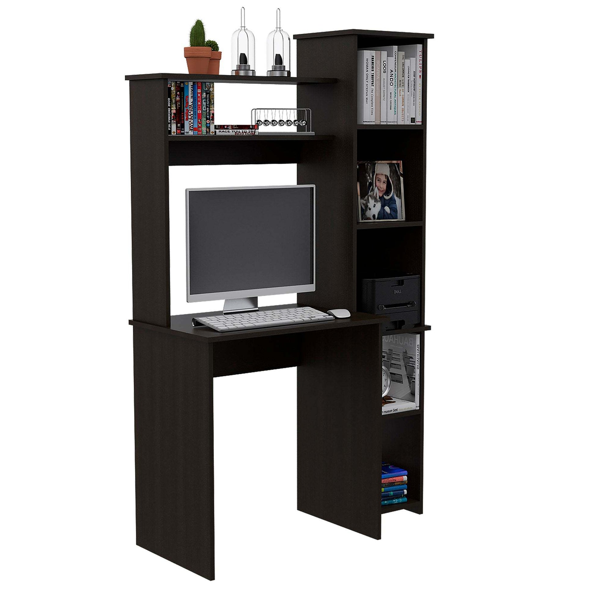 Nashville Writing Desk, Six Shelves Black Computer Desk Office Modern Freestanding Pine Open Storage Desk Particle Board Engineered Wood