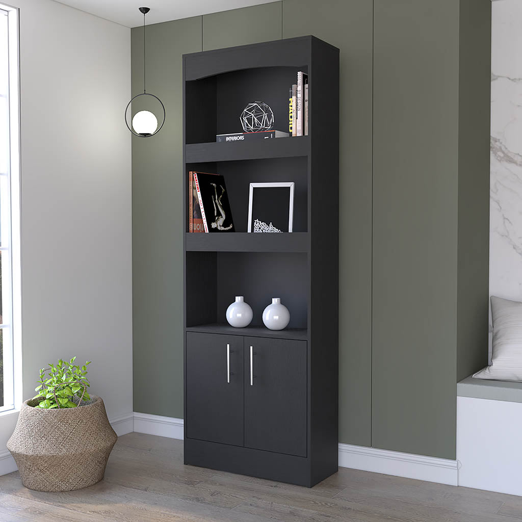 Durango Bookcase, Three Shelves, Double Door Cabinet 3 4 Shelves Black Primary Living Space Modern Mdf Engineered Wood