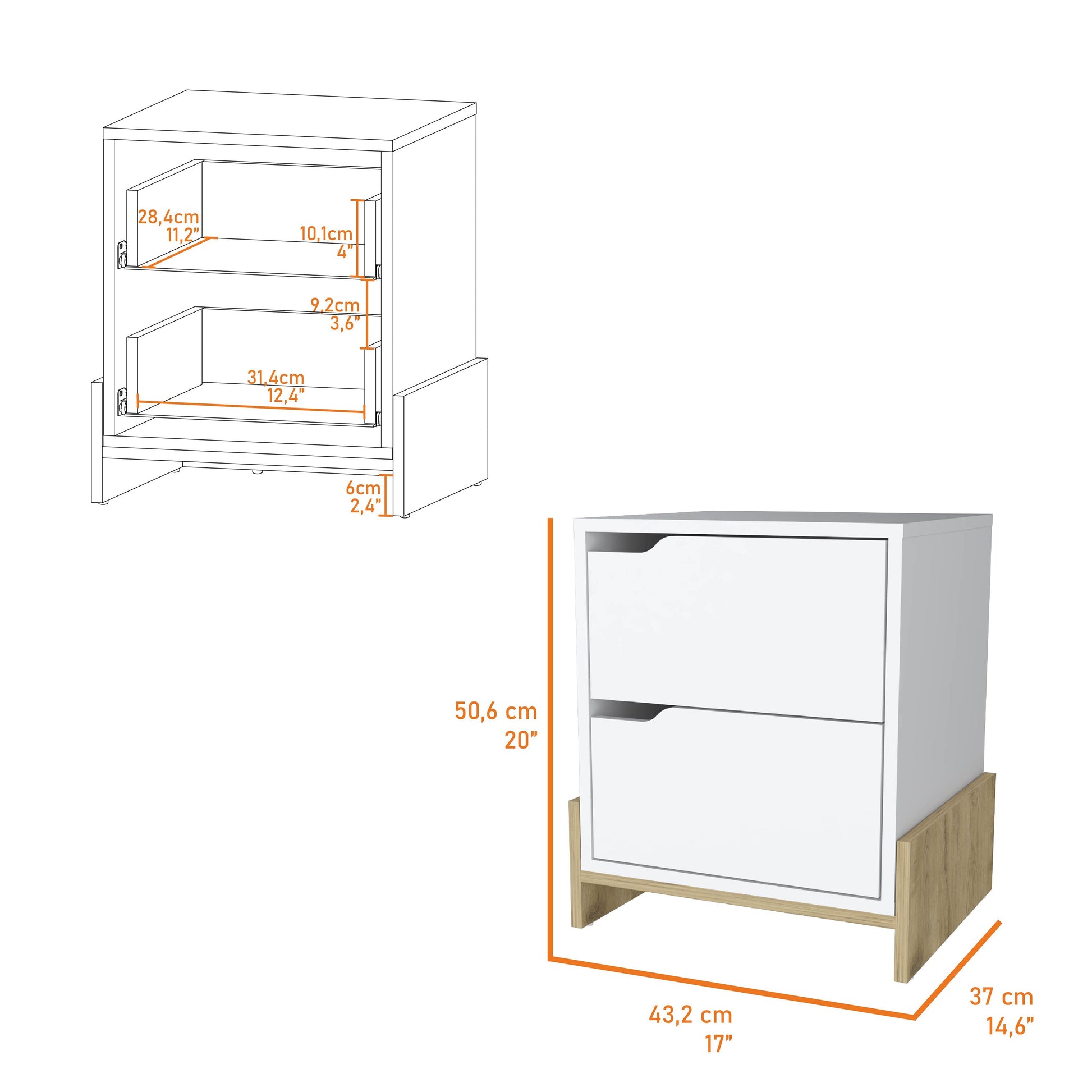 Lovell Nightstand With Sturdy Base And 2 Drawers Multicolor Mdf Engineered Wood