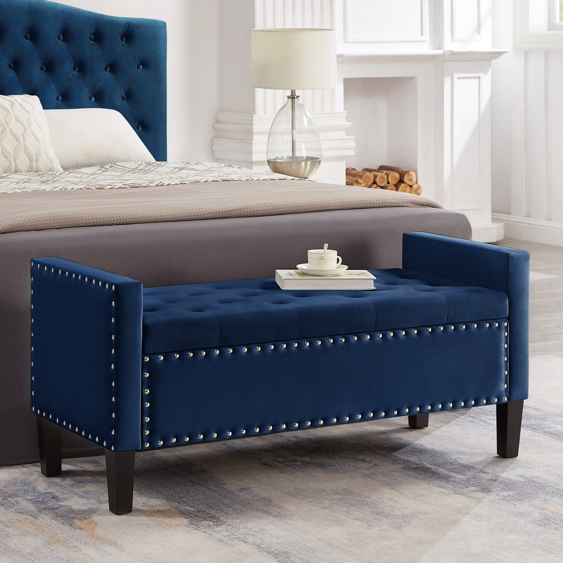 Upholstered Tufted Button Storage Bench With Nails Trim,Entryway Living Room Soft Padded Seat With Armrest,Bed Bench Navy Navy Velvet Modern Rubberwood Internal Storage Foam Velvet