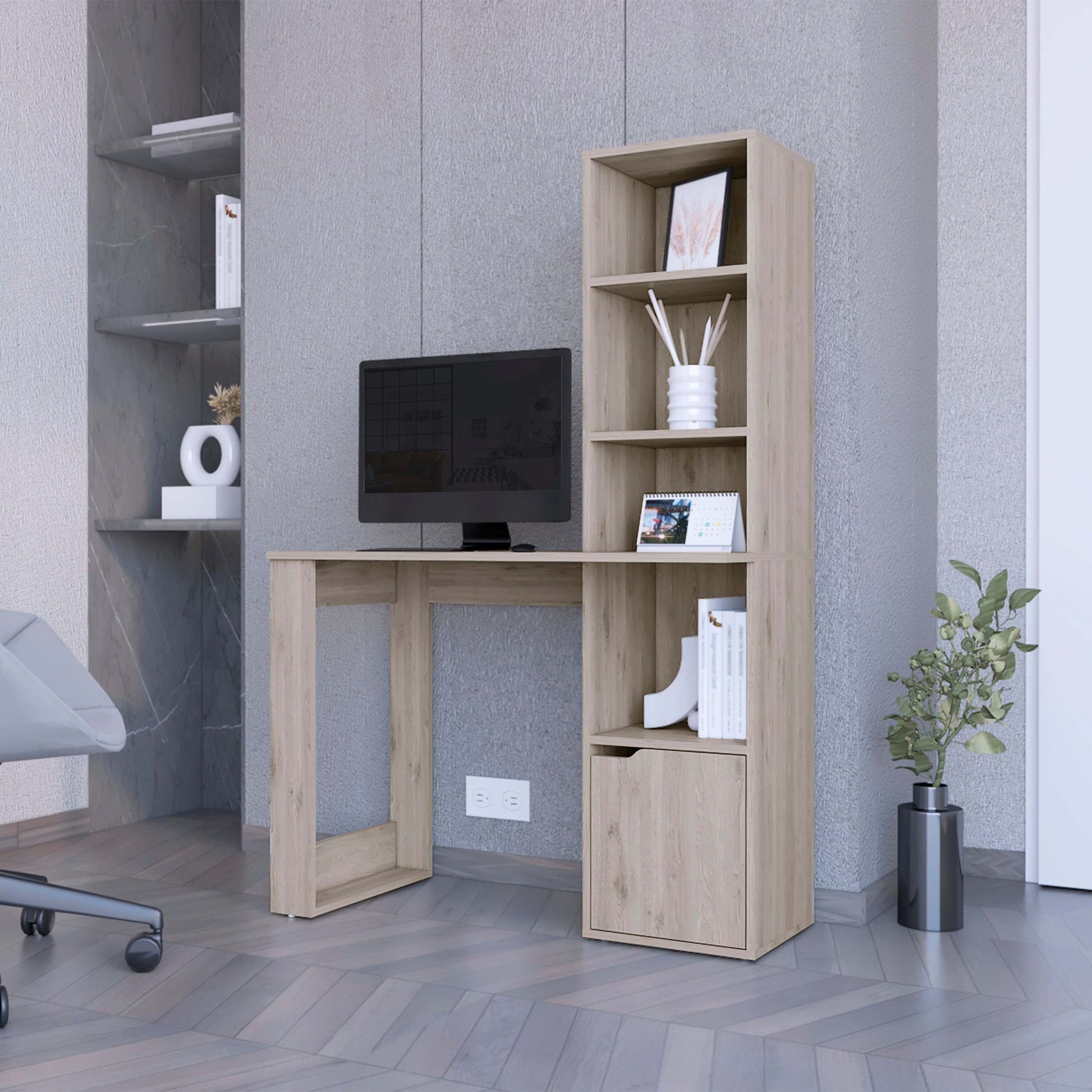 Riverton Computer Desk With Bookcase 4 Tier Shelf And Cabinet Gray Mdf Engineered Wood