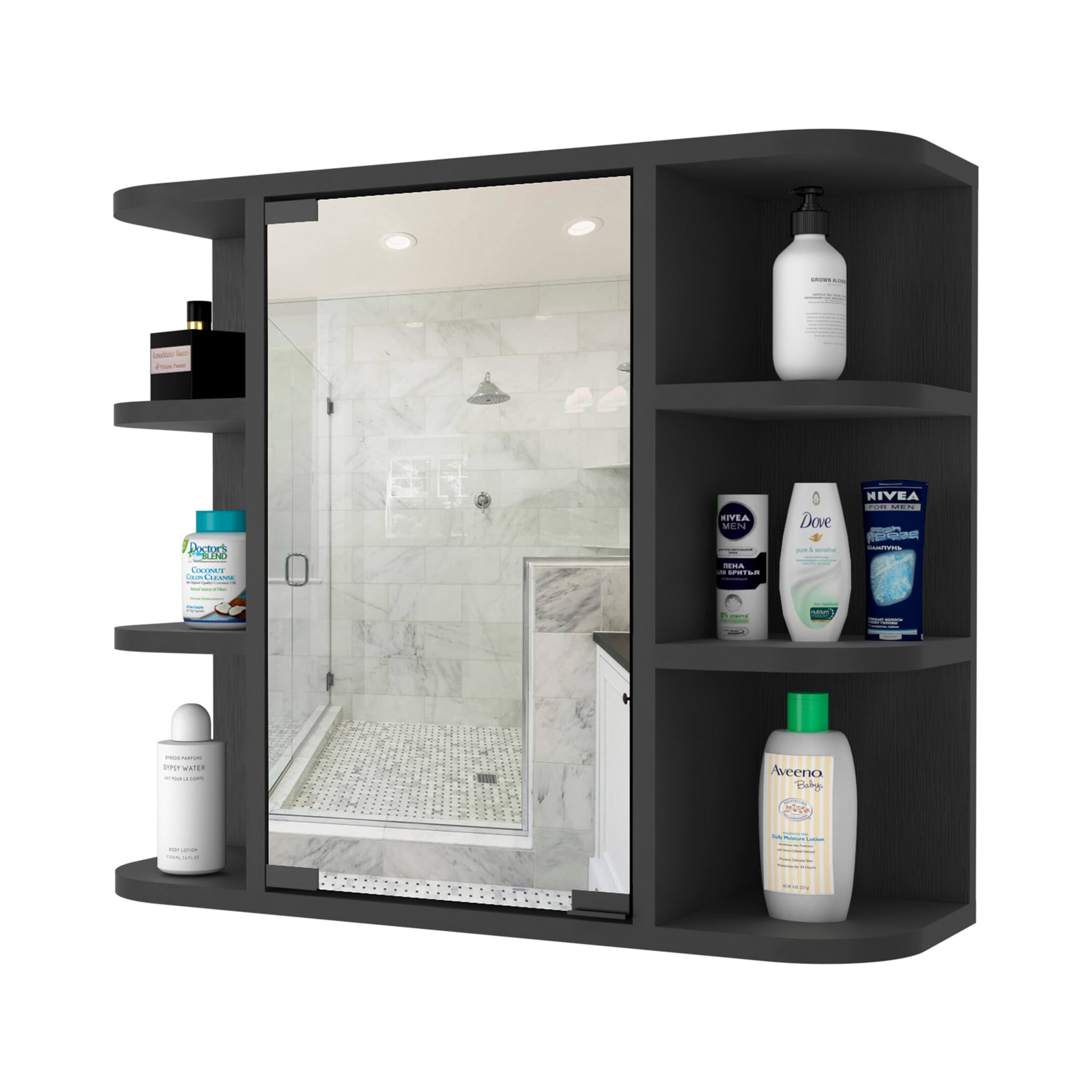 Valdez Medicine Cabinet With Six Shelves, Mirror Cabinet Black Mdf Engineered Wood