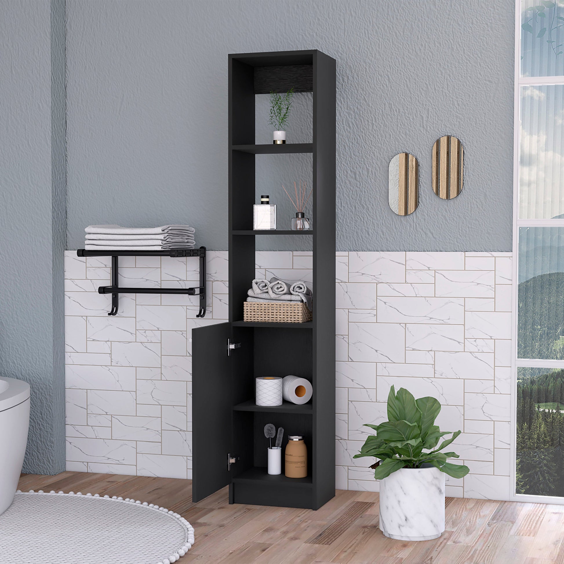 Kansas Linen Cabinet, Three Shelves, One Cabinet Black Mdf Engineered Wood