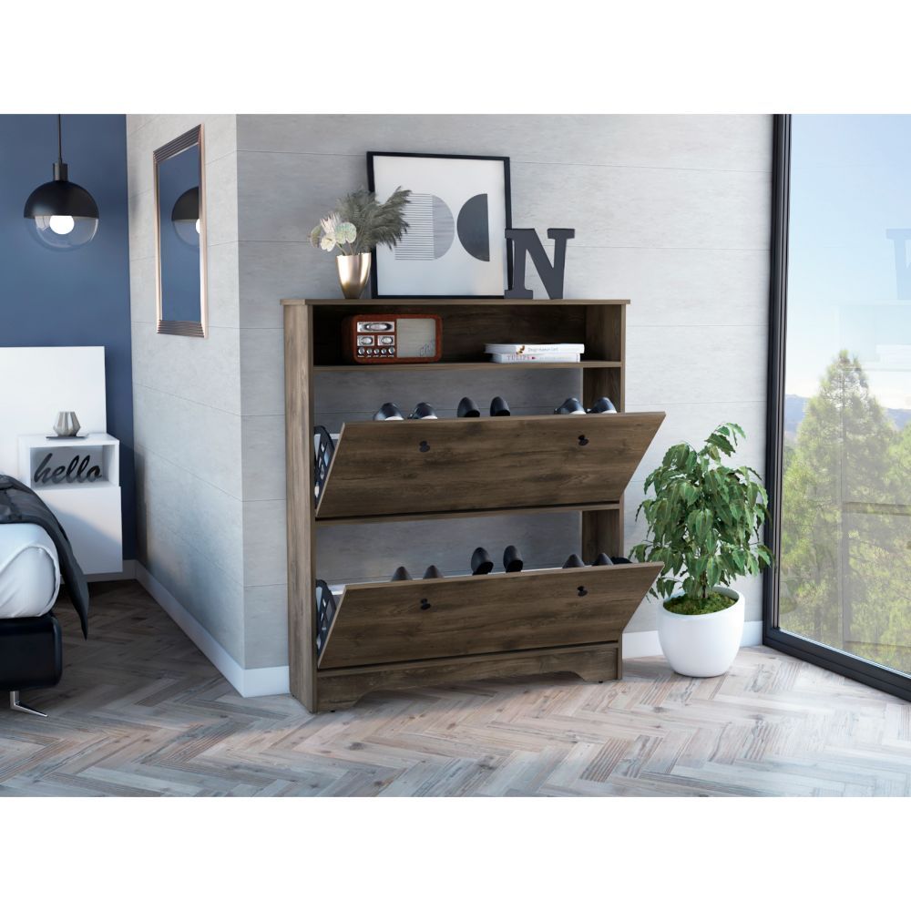 Brandford Shoe Rack, Superior Top, Two Shelves Brown Mdf Engineered Wood