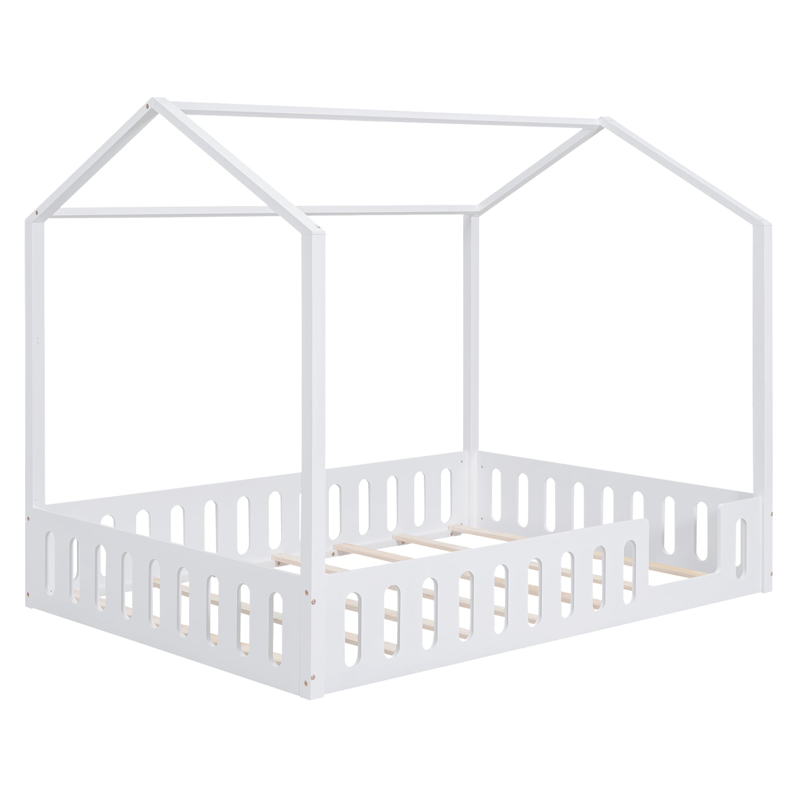 Full Size Wood House Bed With Fence And Detachable Storage Shelves, White Box Spring Not Required Full White Wood Bedroom Bed Frame Solid Wood Mdf