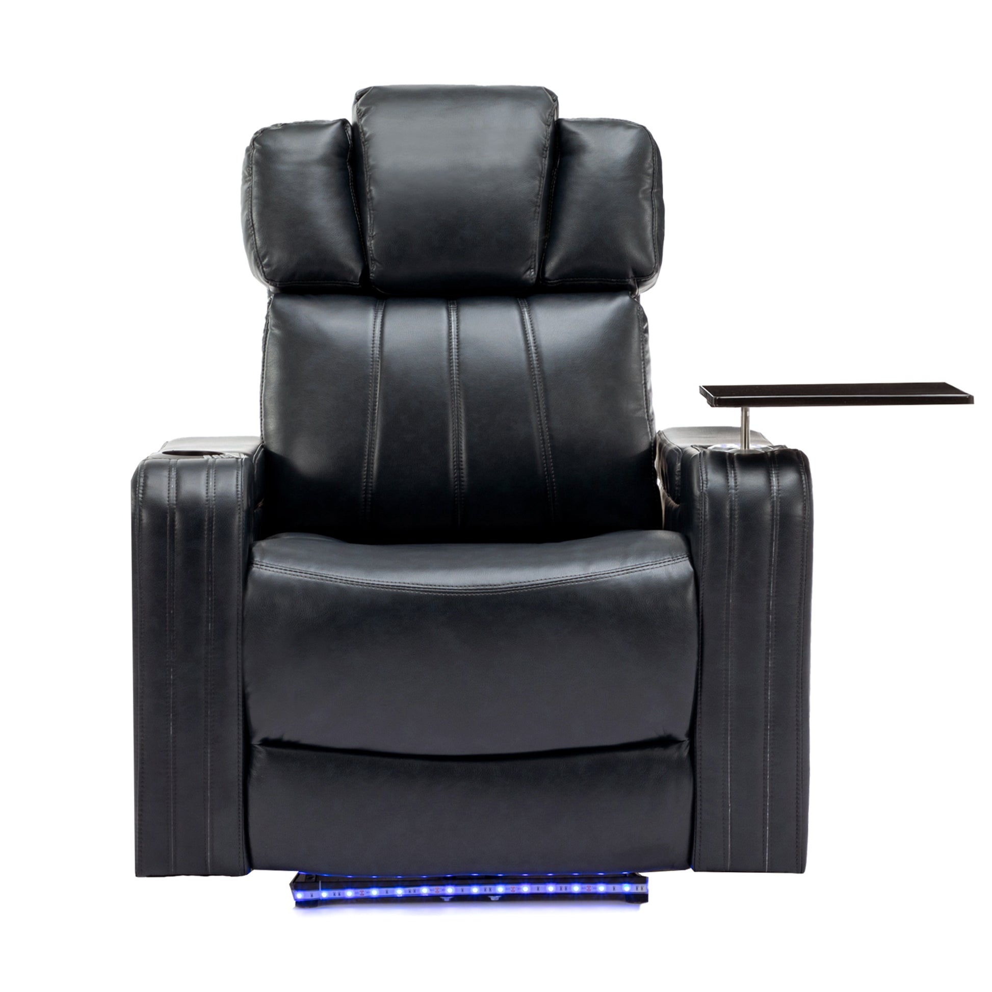 Pu Leather Power Recliner Individual Seat Home Theater Recliner With Cooling Cup Holder, Bluetooth Speaker, Led Lights, Usb Ports, Tray Table, Arm Storage For Living Room, Black Black Foam Pu