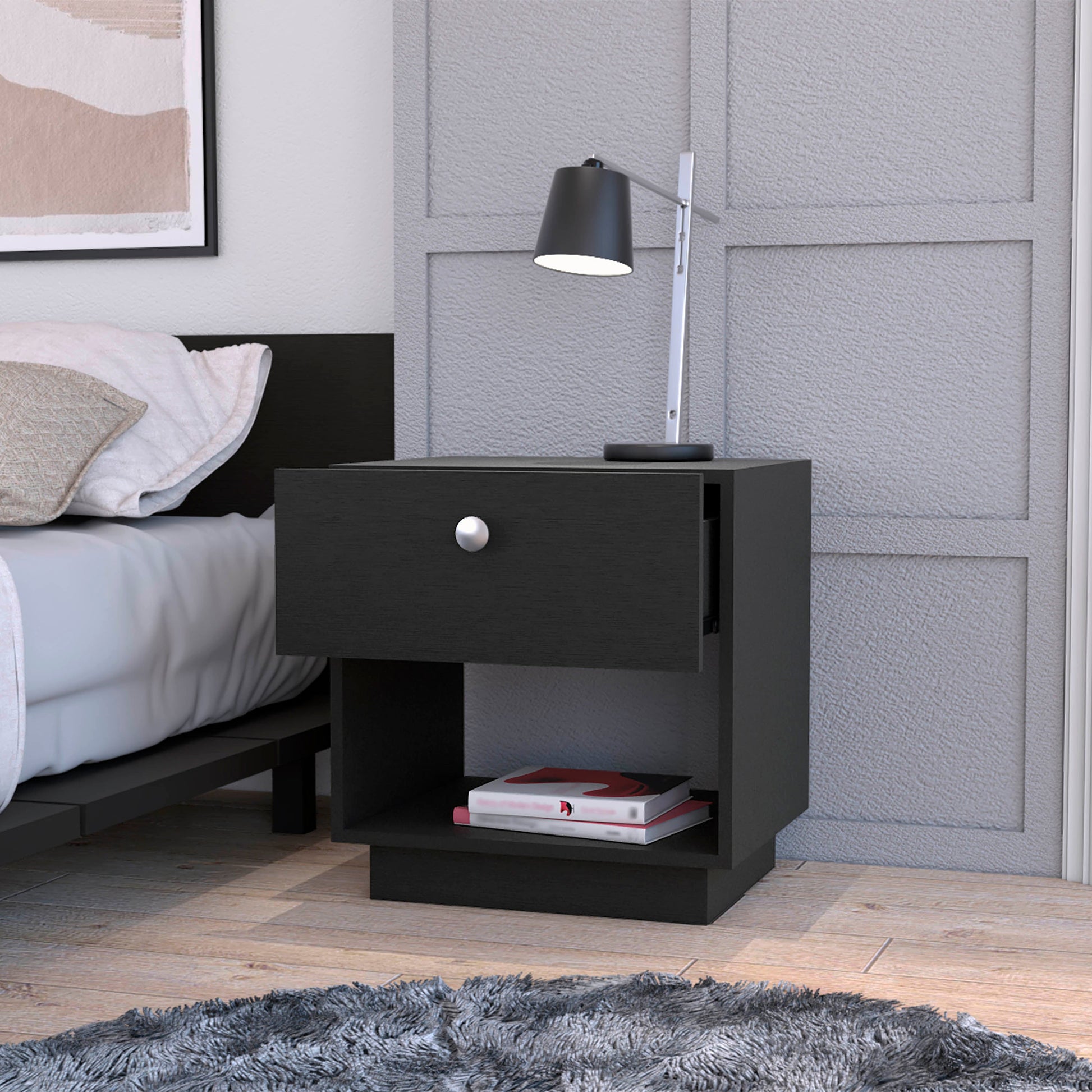 Sumter 1 Drawer Nightstand, Storage Shelf Black Mdf Engineered Wood