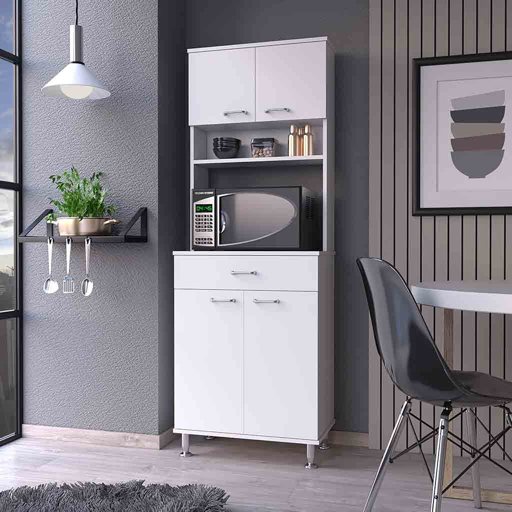 Bay Area Pantry, Two Door Cabinets, One Drawer, Four Adjustable Metal Legs White Mdf Engineered Wood