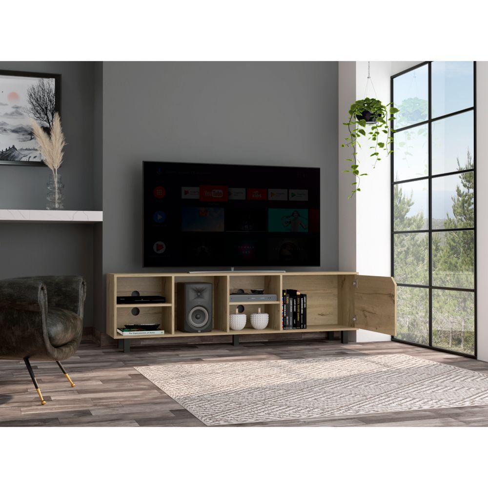 Native Tv Stand For Tv S Up 70", Four Open Shelves, Five Legs Beige Mdf Engineered Wood