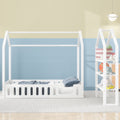 Full Size Wood House Bed With Fence And Detachable Storage Shelves, White Box Spring Not Required Full White Wood Bedroom Bed Frame Solid Wood Mdf