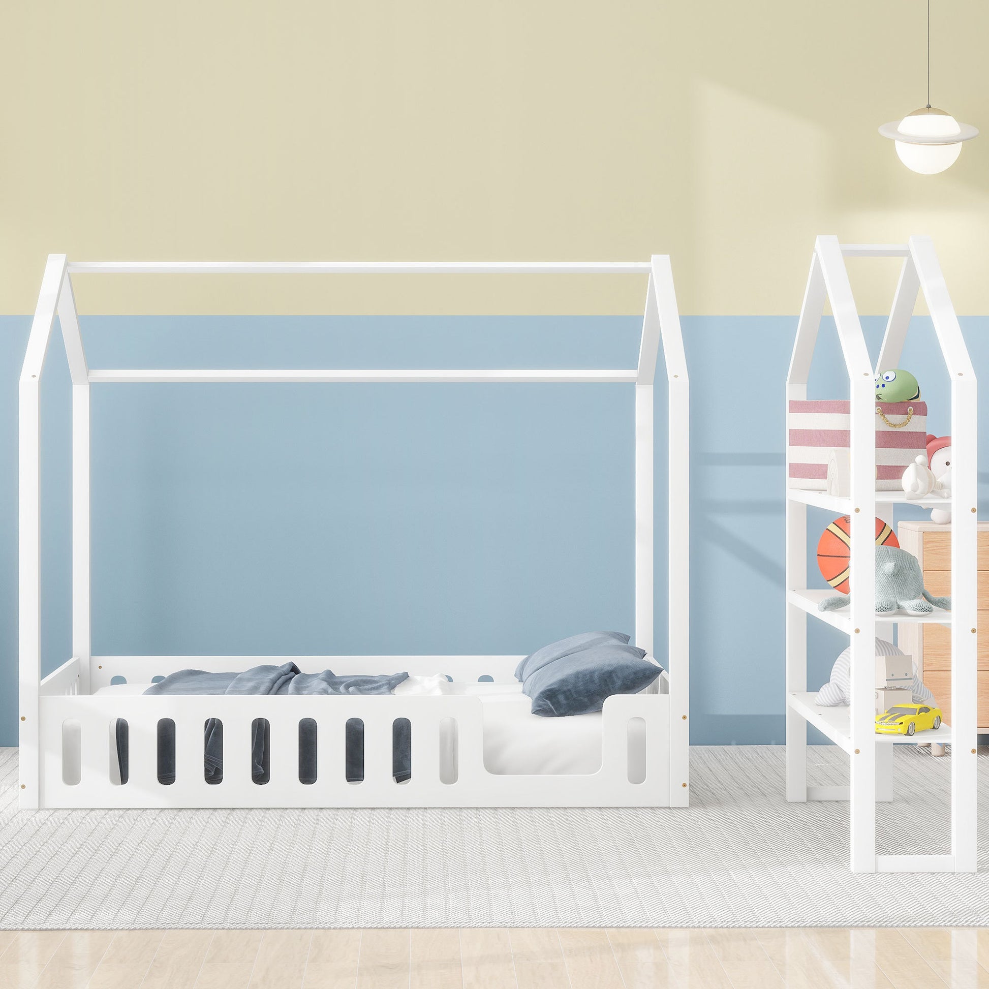 Full Size Wood House Bed With Fence And Detachable Storage Shelves, White Box Spring Not Required Full White Wood Bedroom Bed Frame Solid Wood Mdf