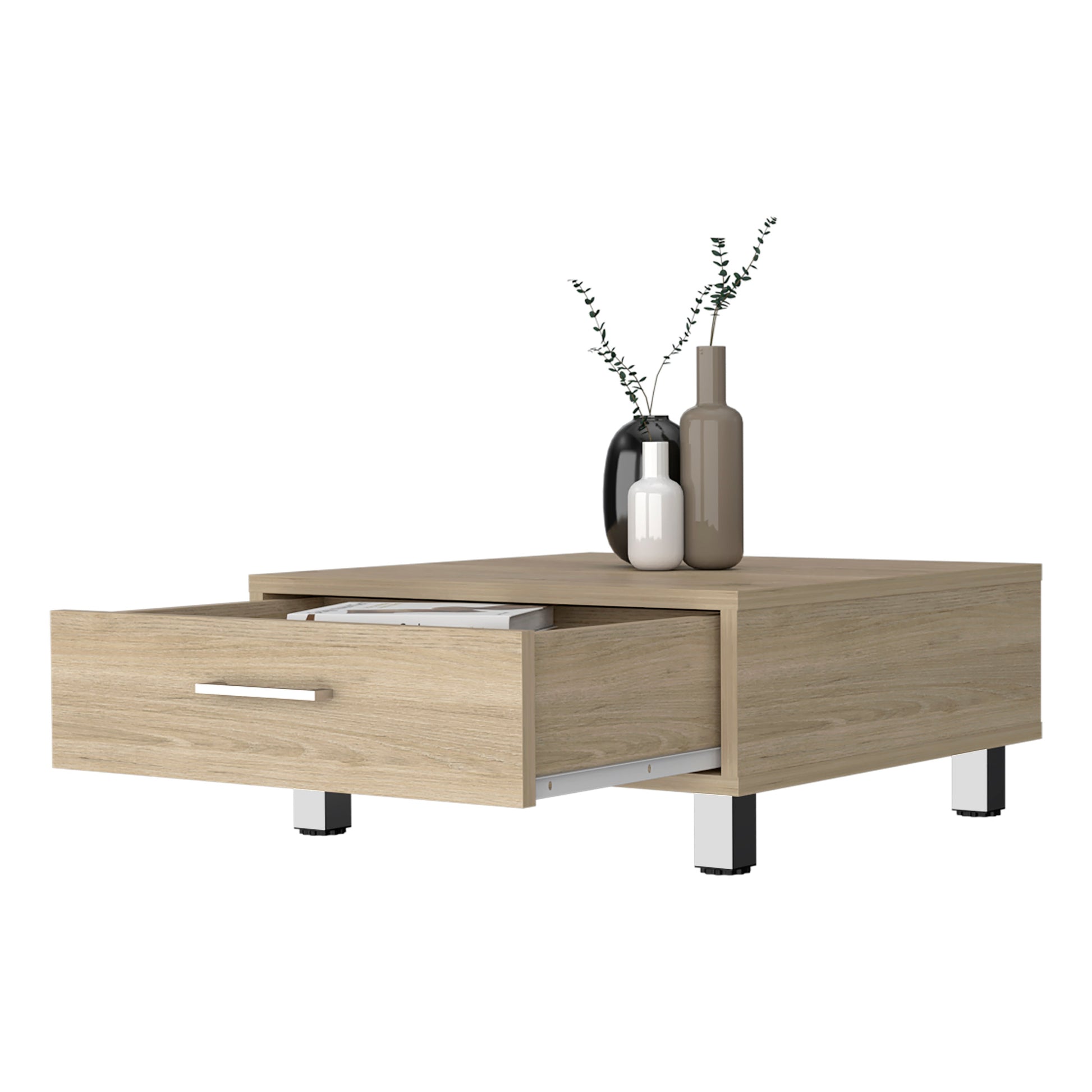 Myers Coffee Table, Four Legs, Superior Top, One Drawer, Metal Handle Beige Mdf Engineered Wood