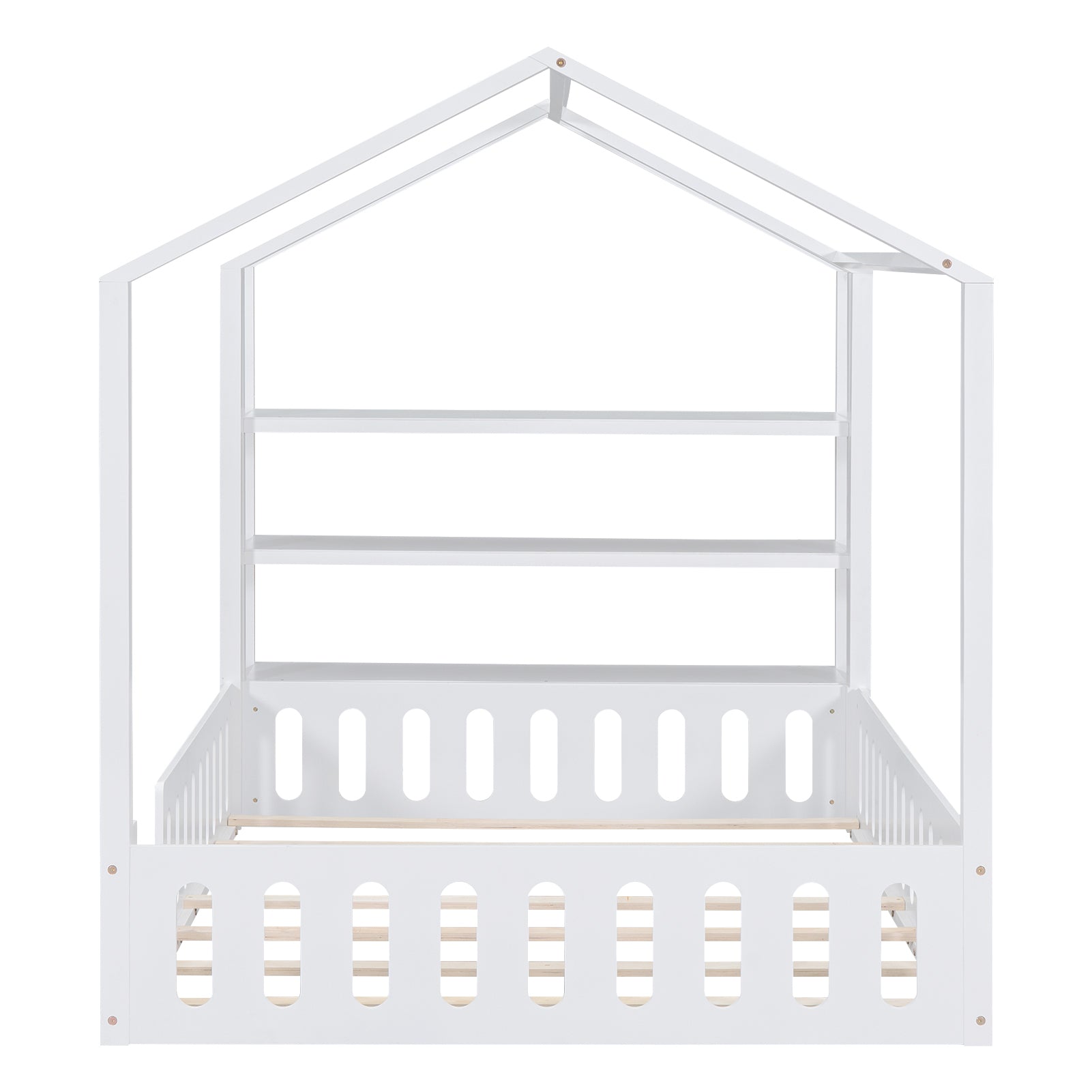 Full Size Wood House Bed With Fence And Detachable Storage Shelves, White Box Spring Not Required Full White Wood Bedroom Bed Frame Solid Wood Mdf