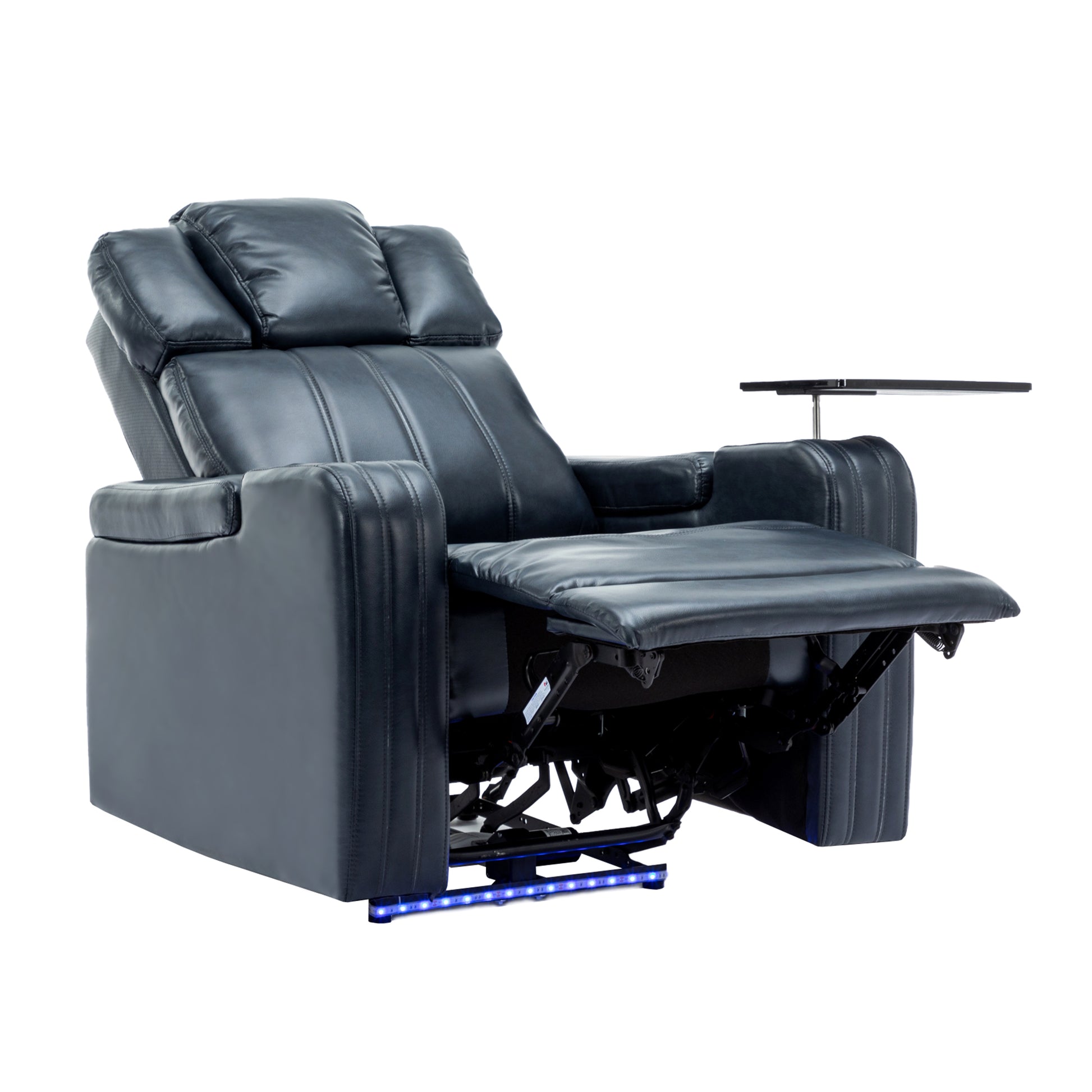 Pu Leather Power Recliner Individual Seat Home Theater Recliner With Cooling Cup Holder, Bluetooth Speaker, Led Lights, Usb Ports, Tray Table, Arm Storage For Living Room, Blue Blue Foam Pu