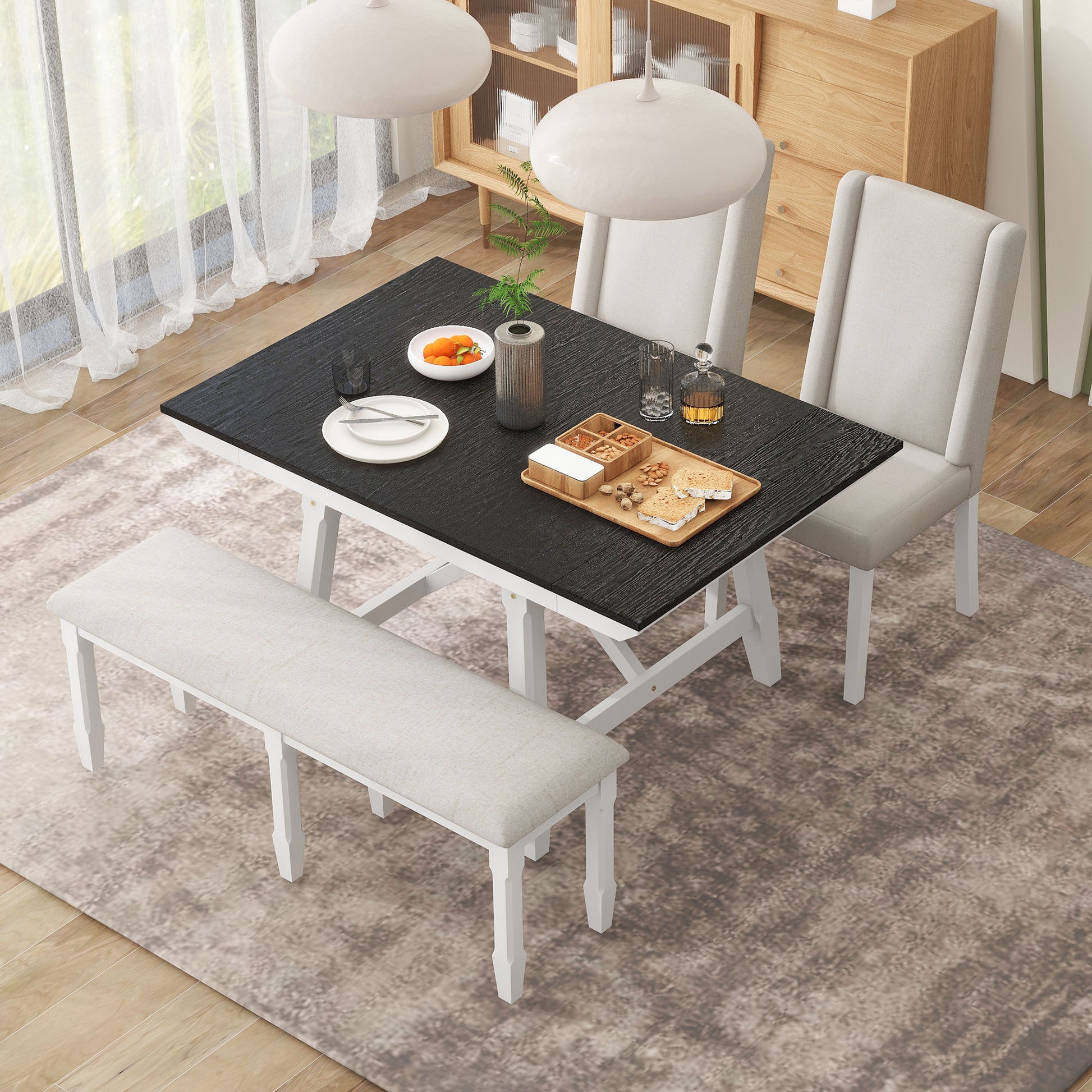 6 Piece Classic Dining Table Set, Rectangular Extendable Dining Table With Two 12"W Removable Leaves And 4 Upholstered Chairs & 1 Bench For Dining Room White Black White Black Solid Wood