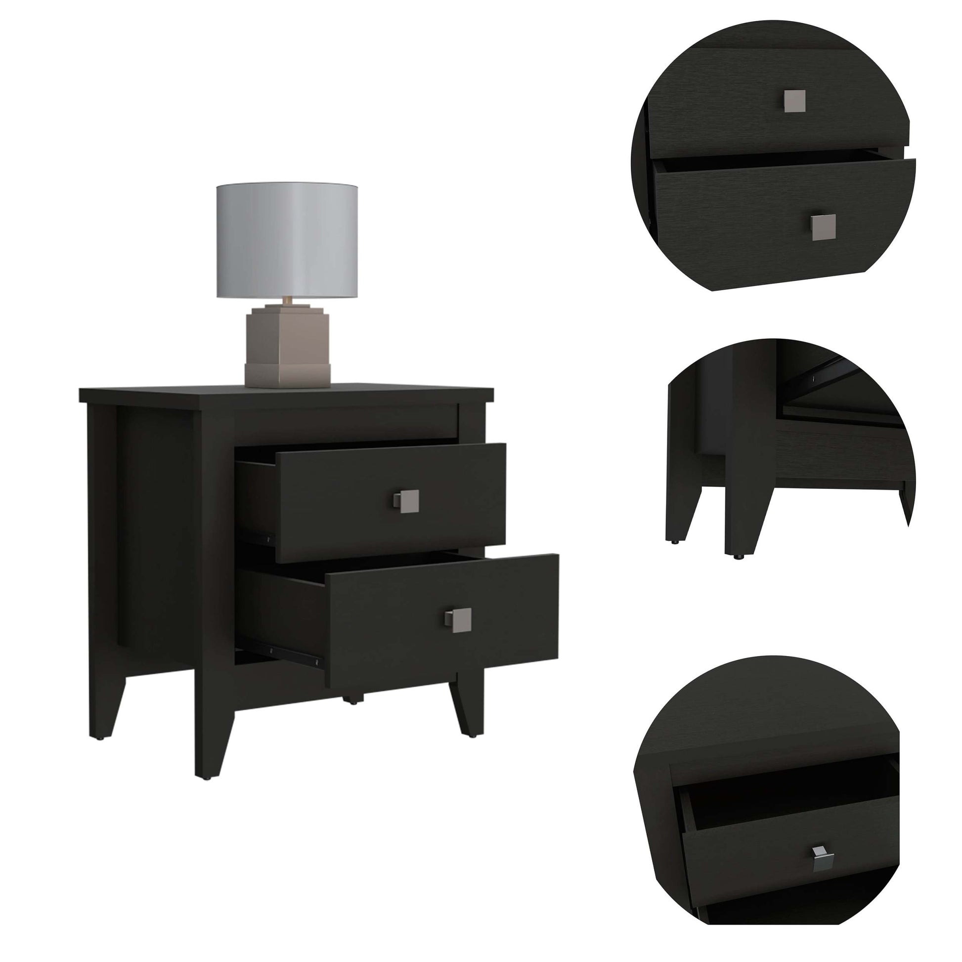 Breeze Four Legged Modern Bedroom Nightstand, With Two Drawers Black Mdf Engineered Wood