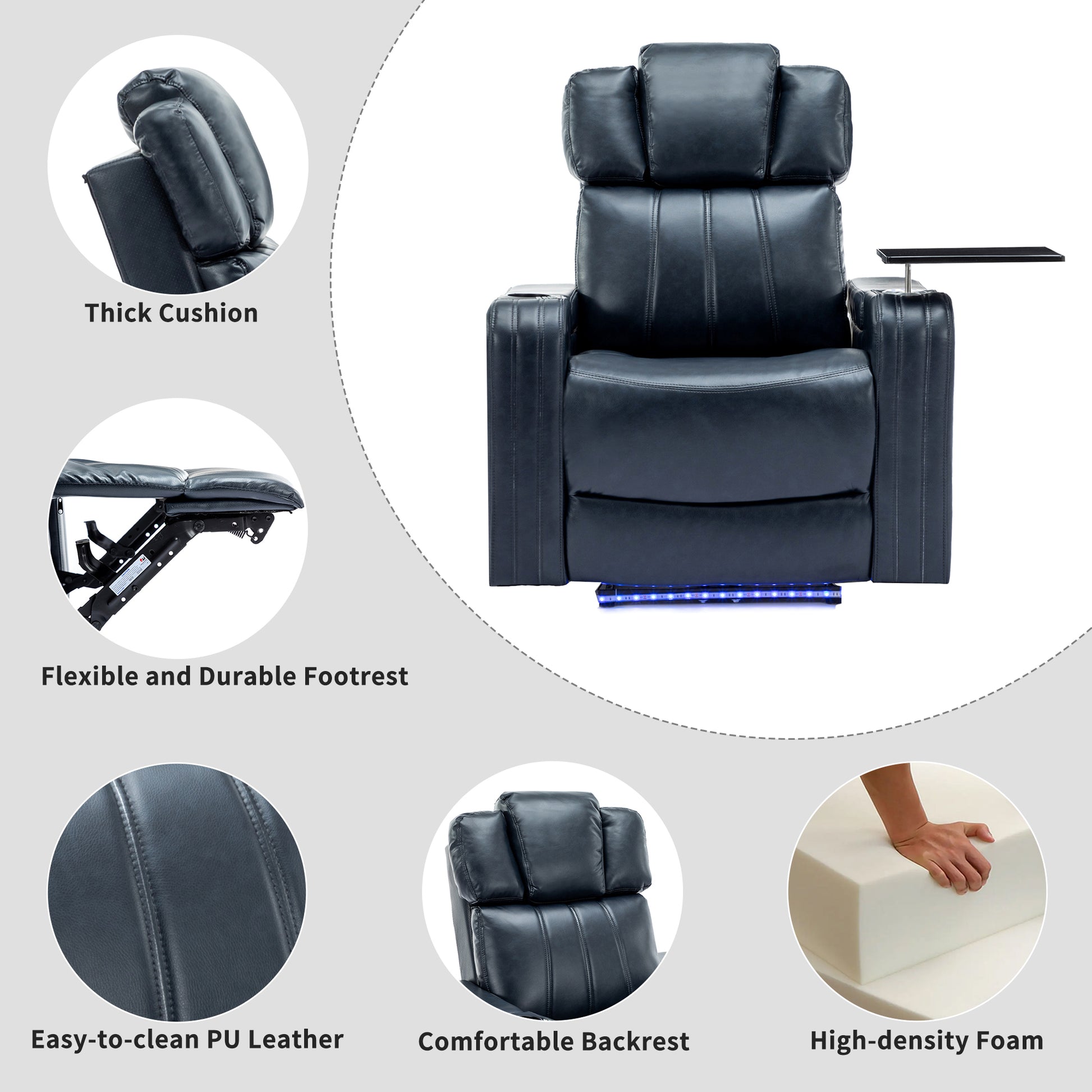 Pu Leather Power Recliner Individual Seat Home Theater Recliner With Cooling Cup Holder, Bluetooth Speaker, Led Lights, Usb Ports, Tray Table, Arm Storage For Living Room, Blue Blue Foam Pu