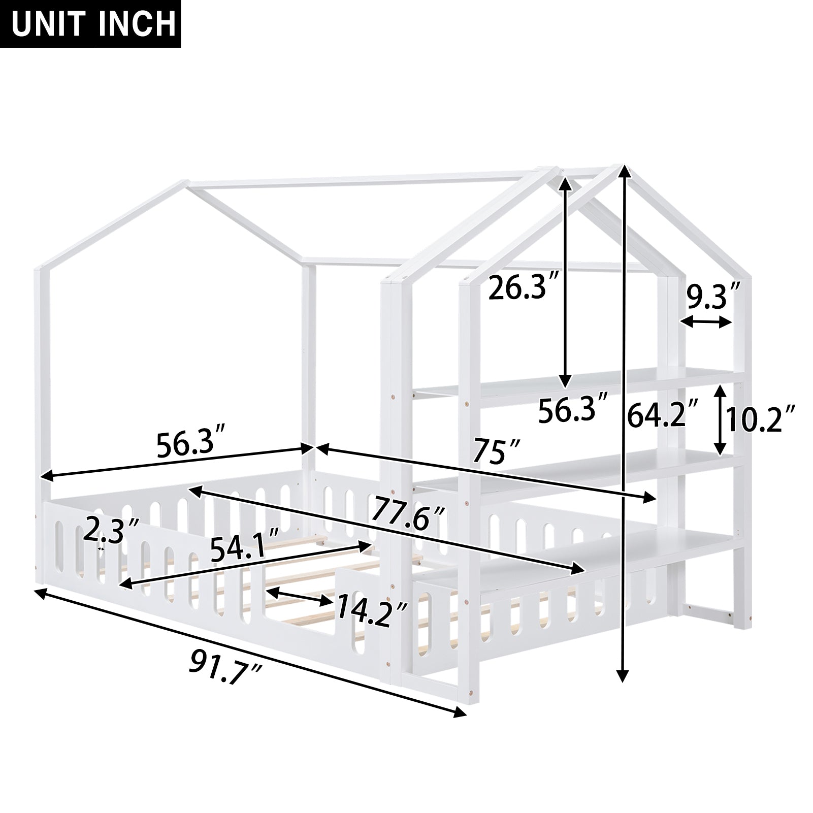 Full Size Wood House Bed With Fence And Detachable Storage Shelves, White Box Spring Not Required Full White Wood Bedroom Bed Frame Solid Wood Mdf