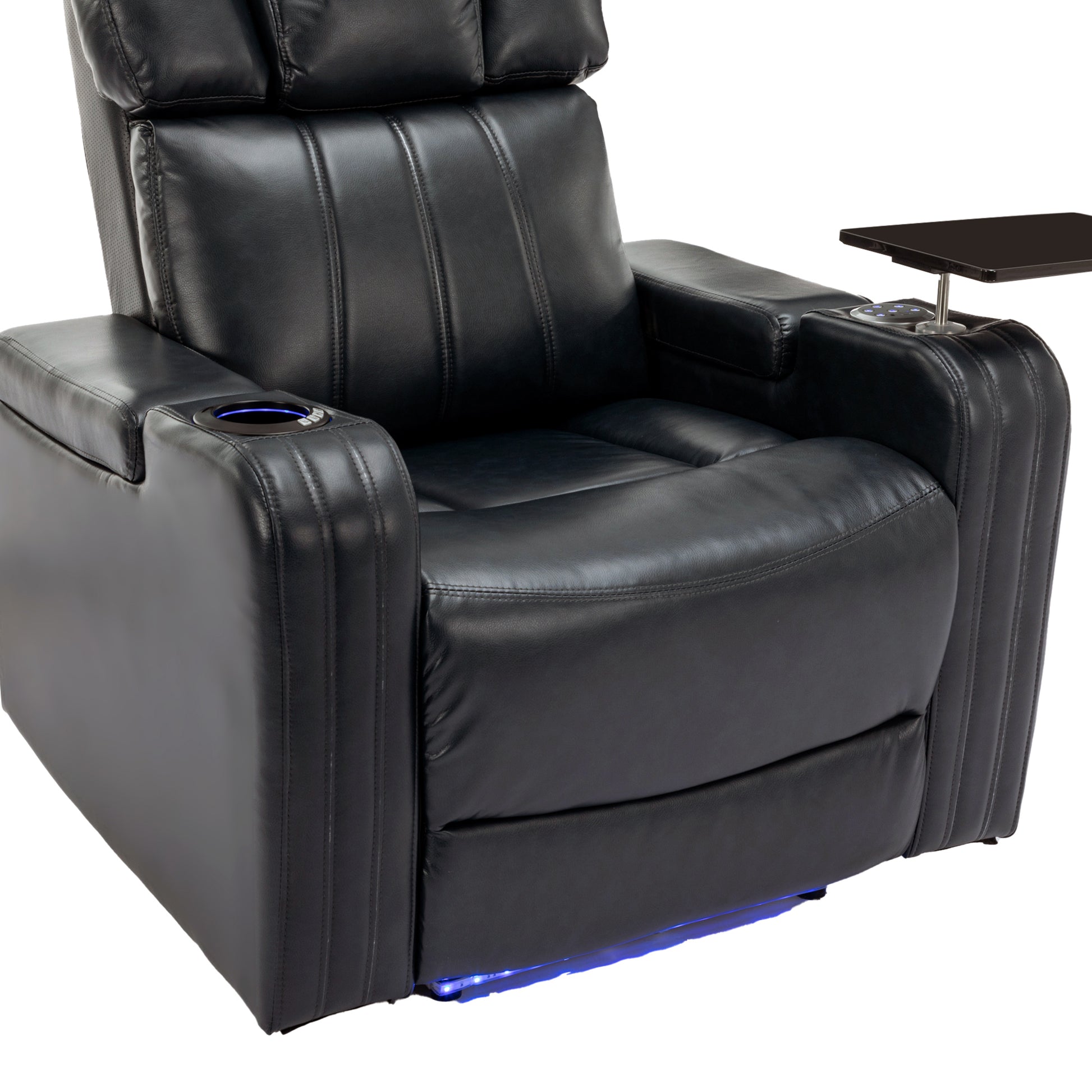 Pu Leather Power Recliner Individual Seat Home Theater Recliner With Cooling Cup Holder, Bluetooth Speaker, Led Lights, Usb Ports, Tray Table, Arm Storage For Living Room, Black Black Foam Pu