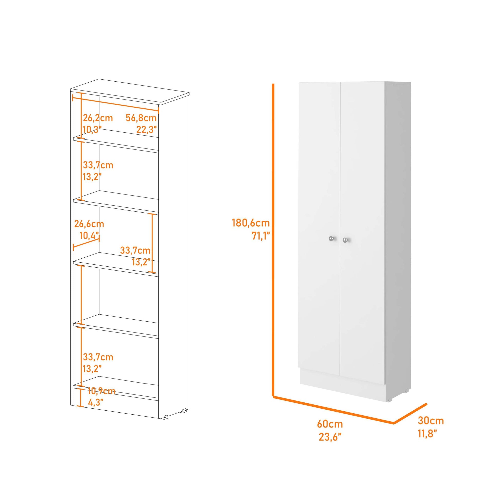 Virginia Double Door Storage Cabinet, Five Shelves White Mdf Engineered Wood